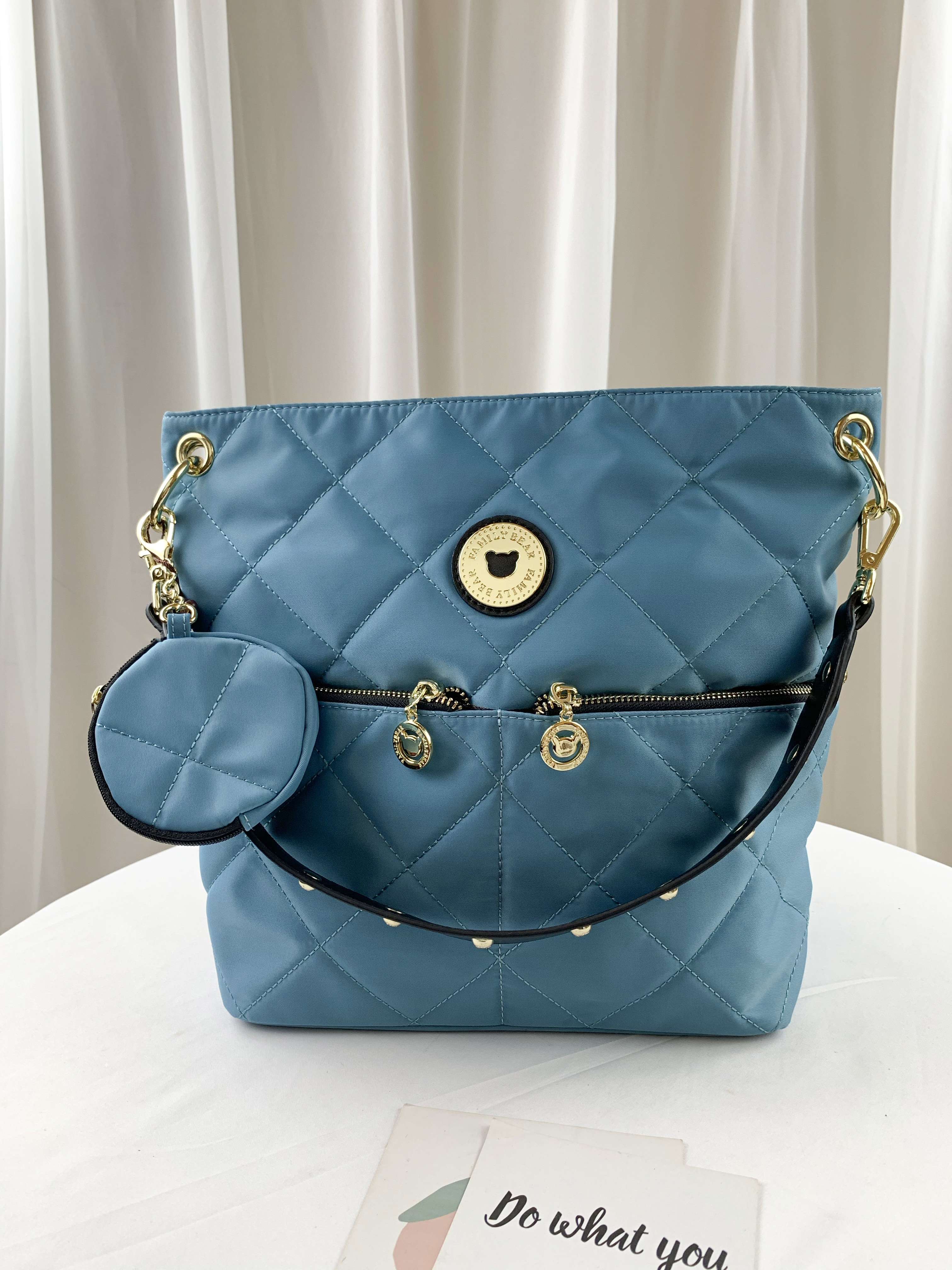 FamilyBear 湖水藍 菱格紋卯丁兩用肩背包 / 後背包  附小零錢包 #2769