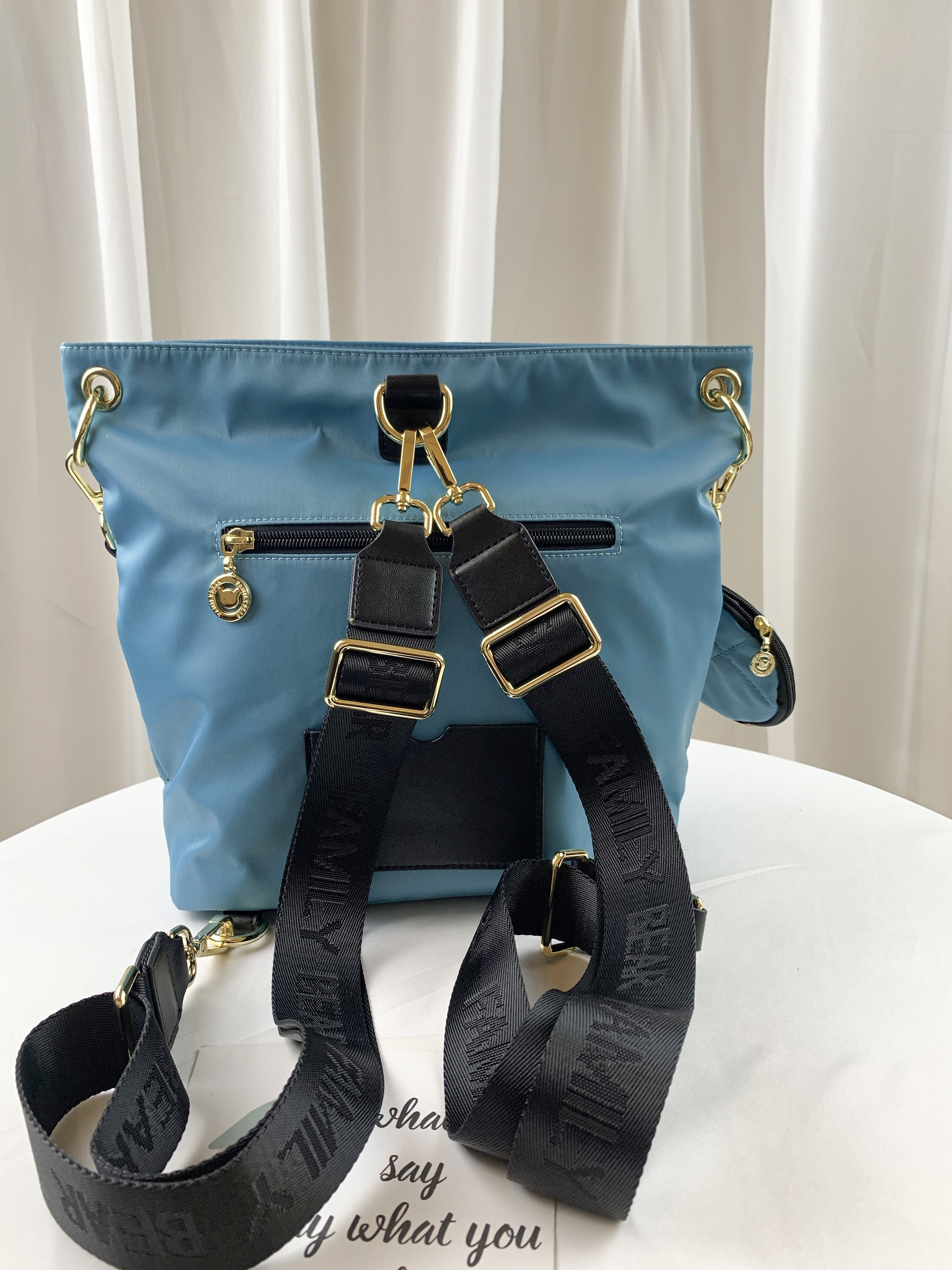 FamilyBear 湖水藍 菱格紋卯丁兩用肩背包 / 後背包  附小零錢包 #2769