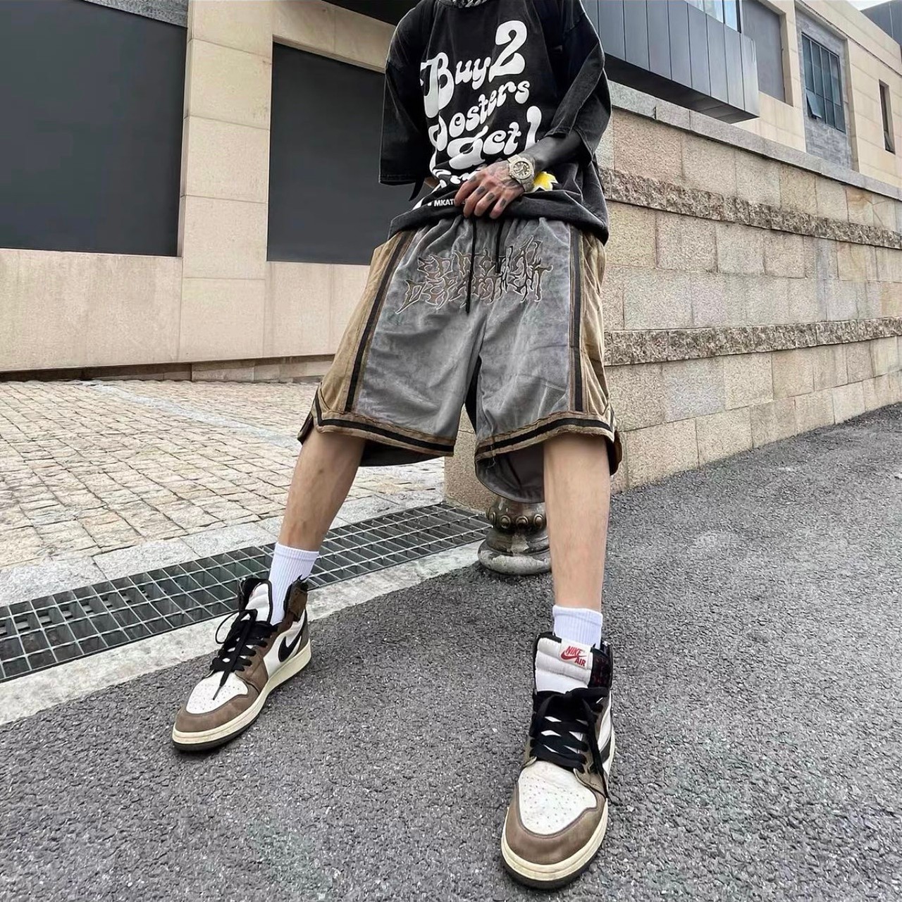 VIBE velvet embroidery stitching side slit shorts FOG style