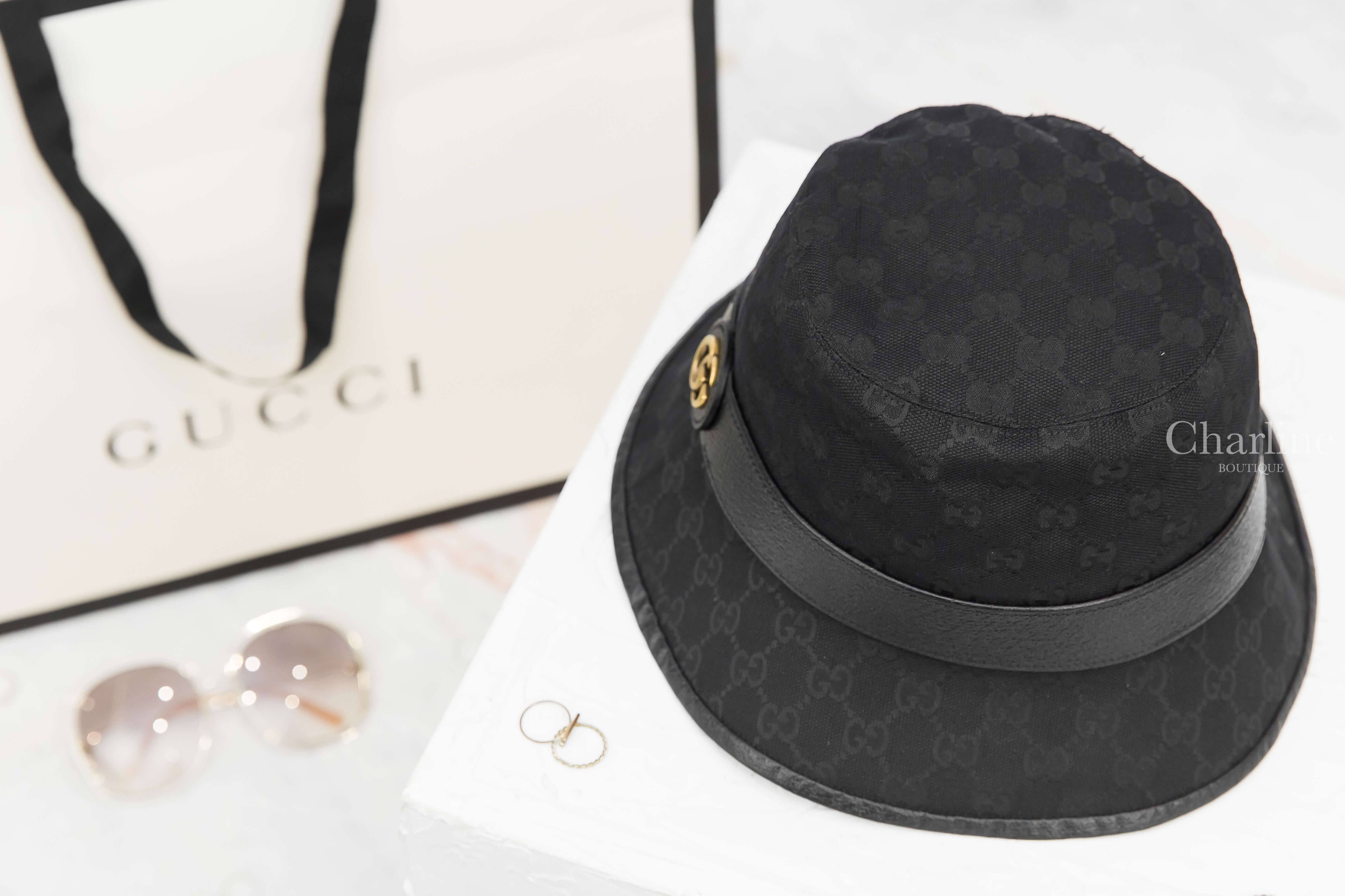 Gucci GG Canvas Bucket Hat With Double G 黑色滿版GG帆布小牛皮邊飾金GG漁夫帽-Charline Boutique 精品代購