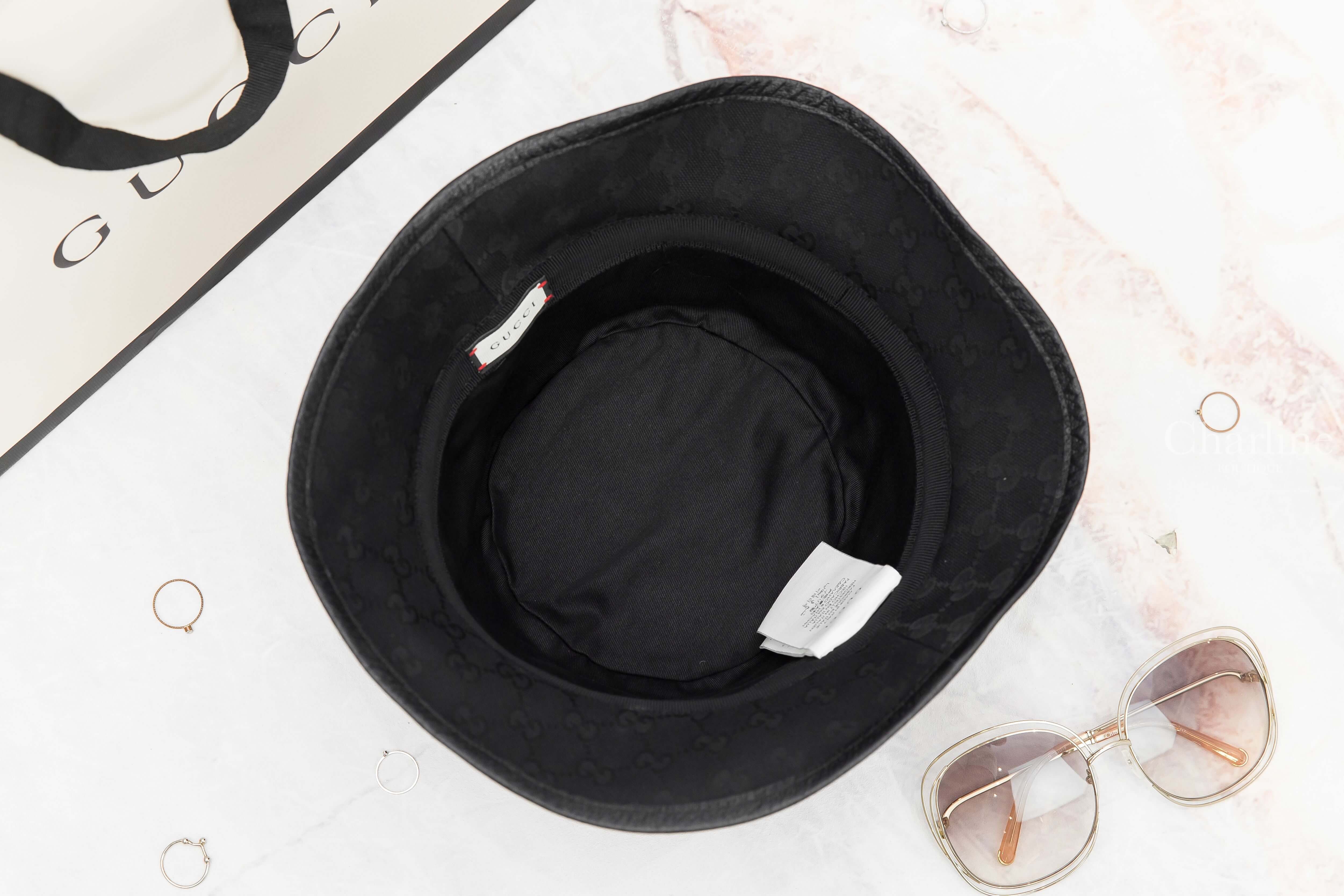 Gucci GG Canvas Bucket Hat With Double G 黑色滿版GG帆布小牛皮邊飾金GG漁夫帽-Charline Boutique 精品代購