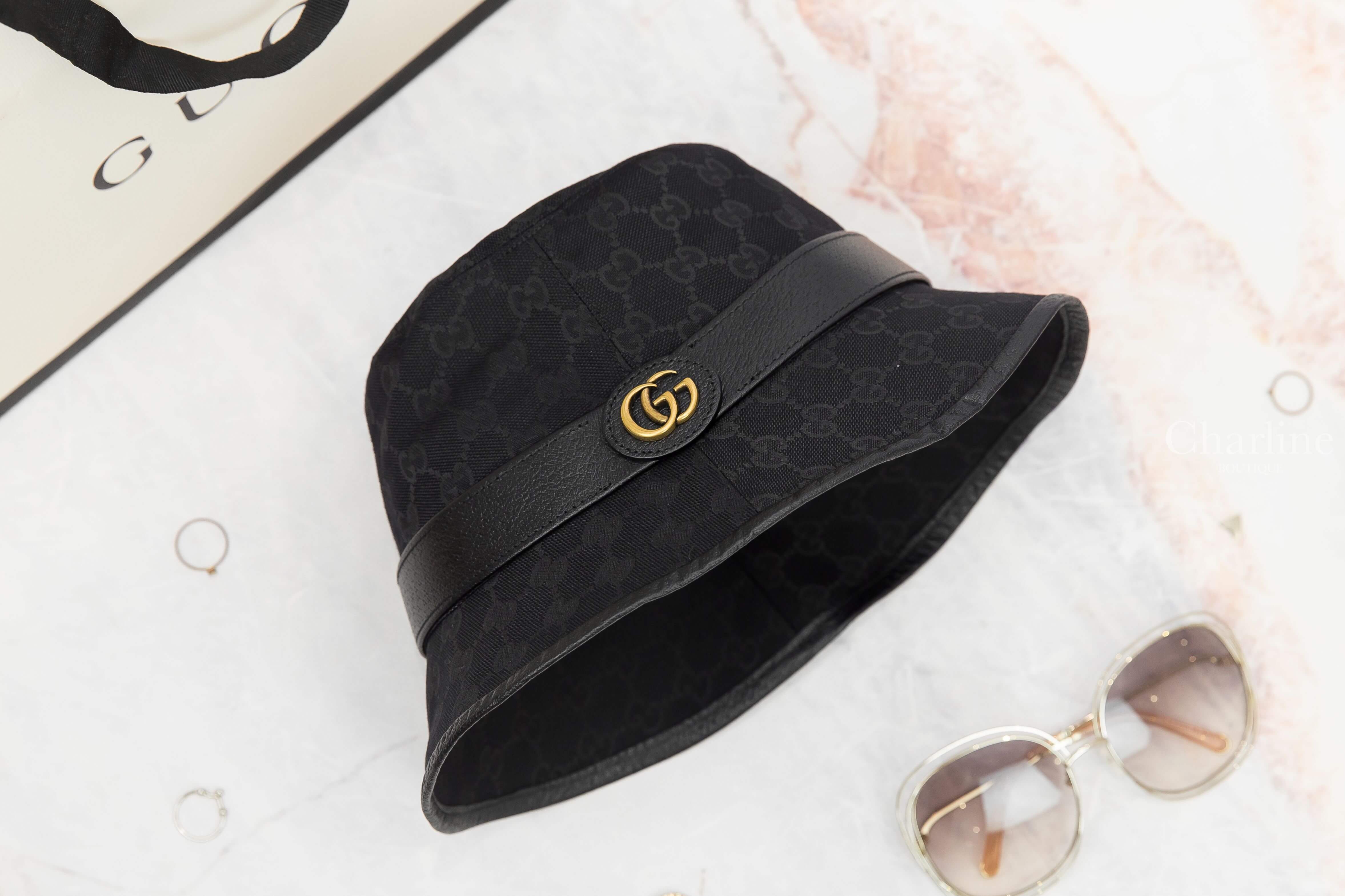 Gucci GG Canvas Bucket Hat With Double G 黑色滿版GG帆布小牛皮邊飾金GG漁夫帽-Charline Boutique 精品代購
