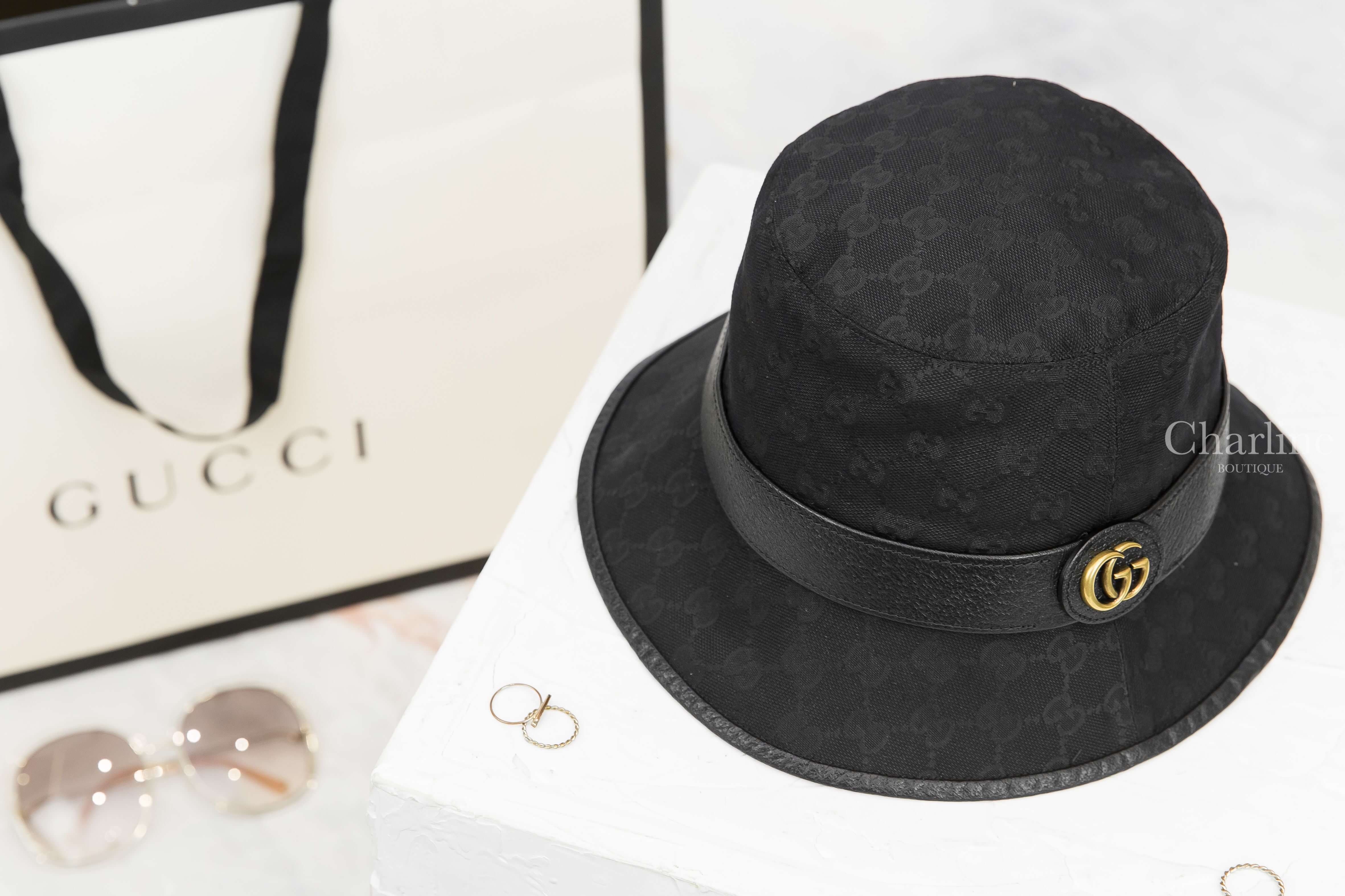 Gucci GG Canvas Bucket Hat With Double G 黑色滿版GG帆布小牛皮邊飾金GG漁夫帽-Charline Boutique 精品代購