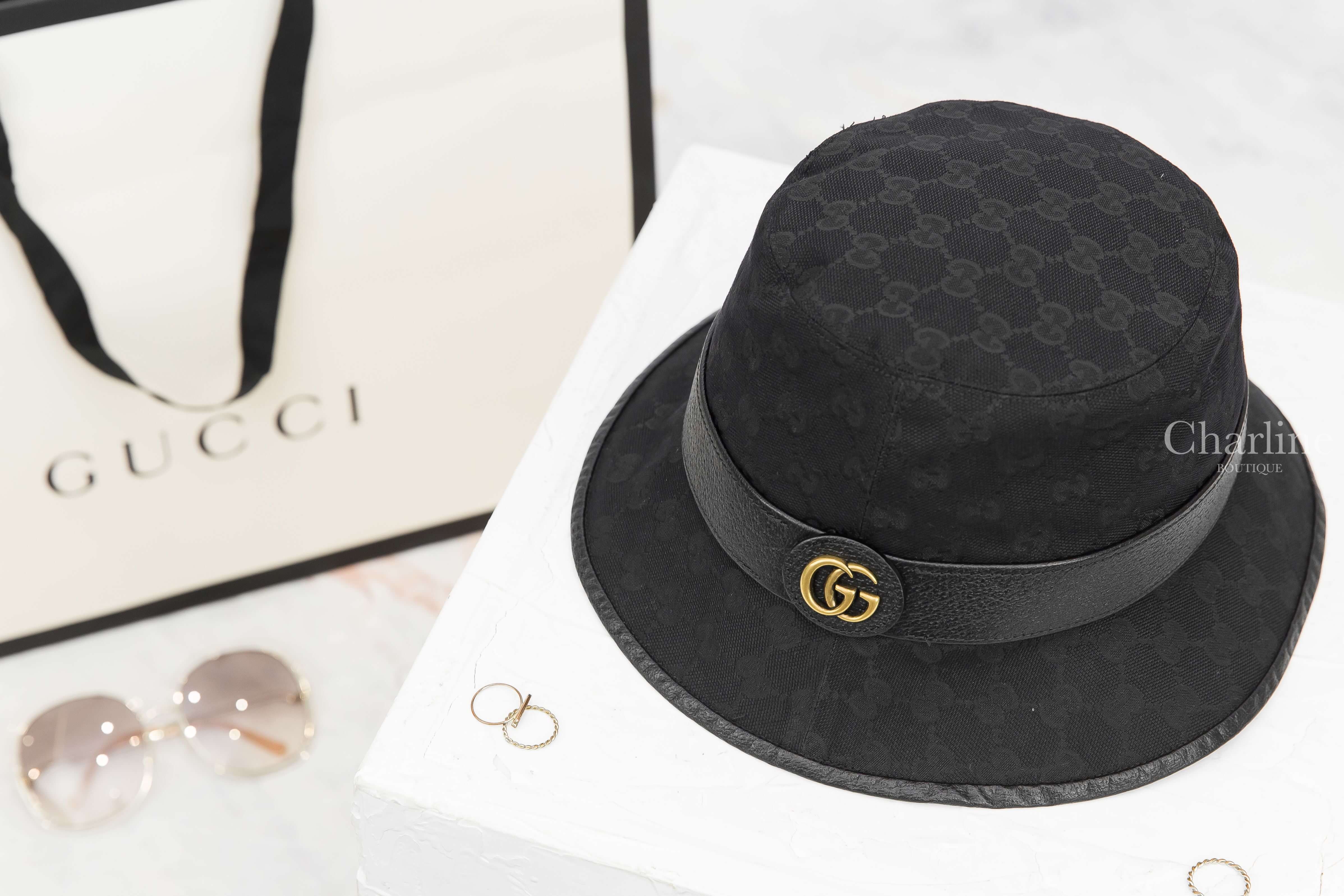Gucci GG Canvas Bucket Hat With Double G 黑色滿版GG帆布小牛皮邊飾金GG漁夫帽-Charline Boutique 精品代購