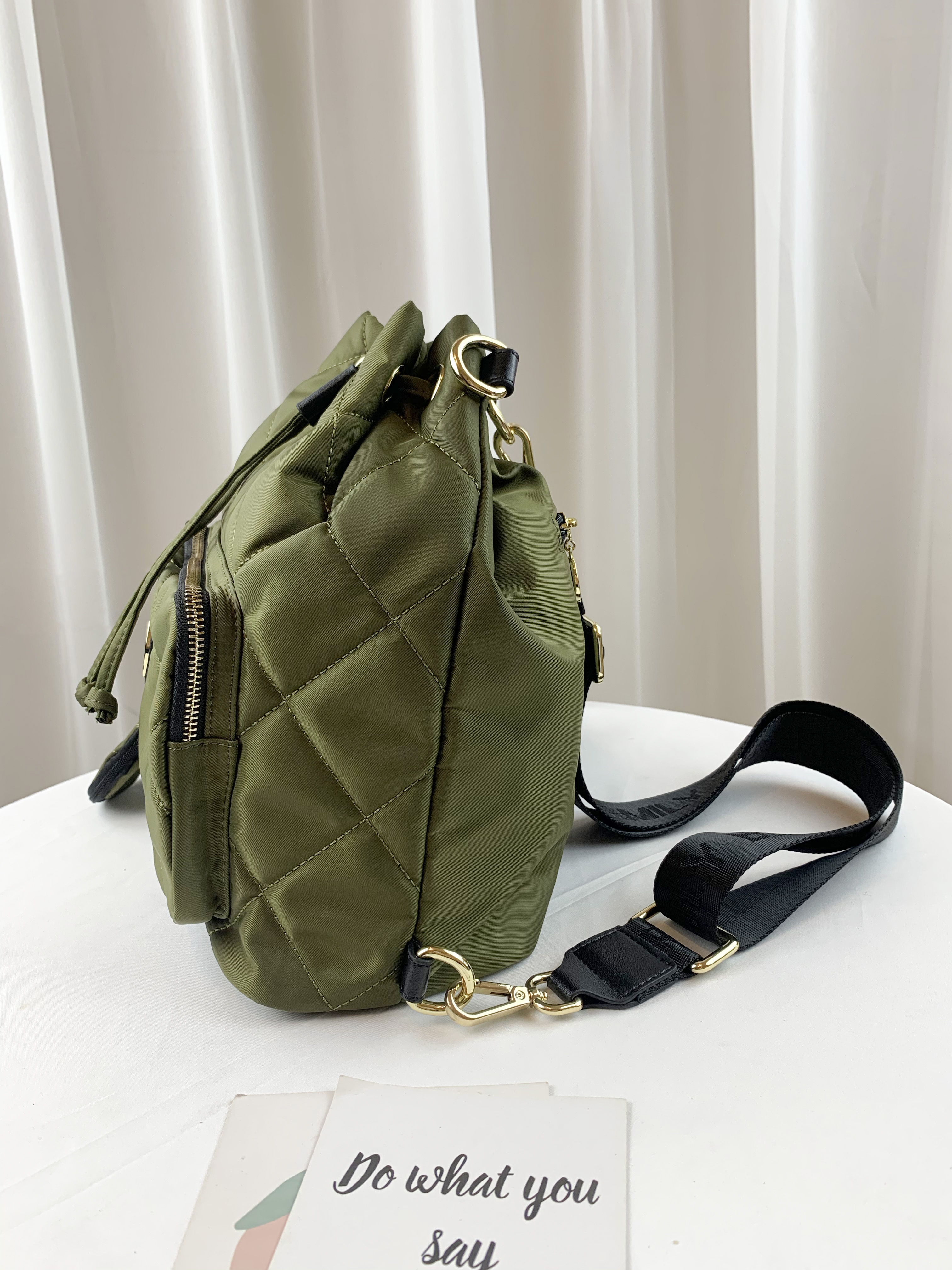 FamilyBear 抹茶綠 菱格紋水桶包兩用側背包 / 後背包  附小零錢包 #2771