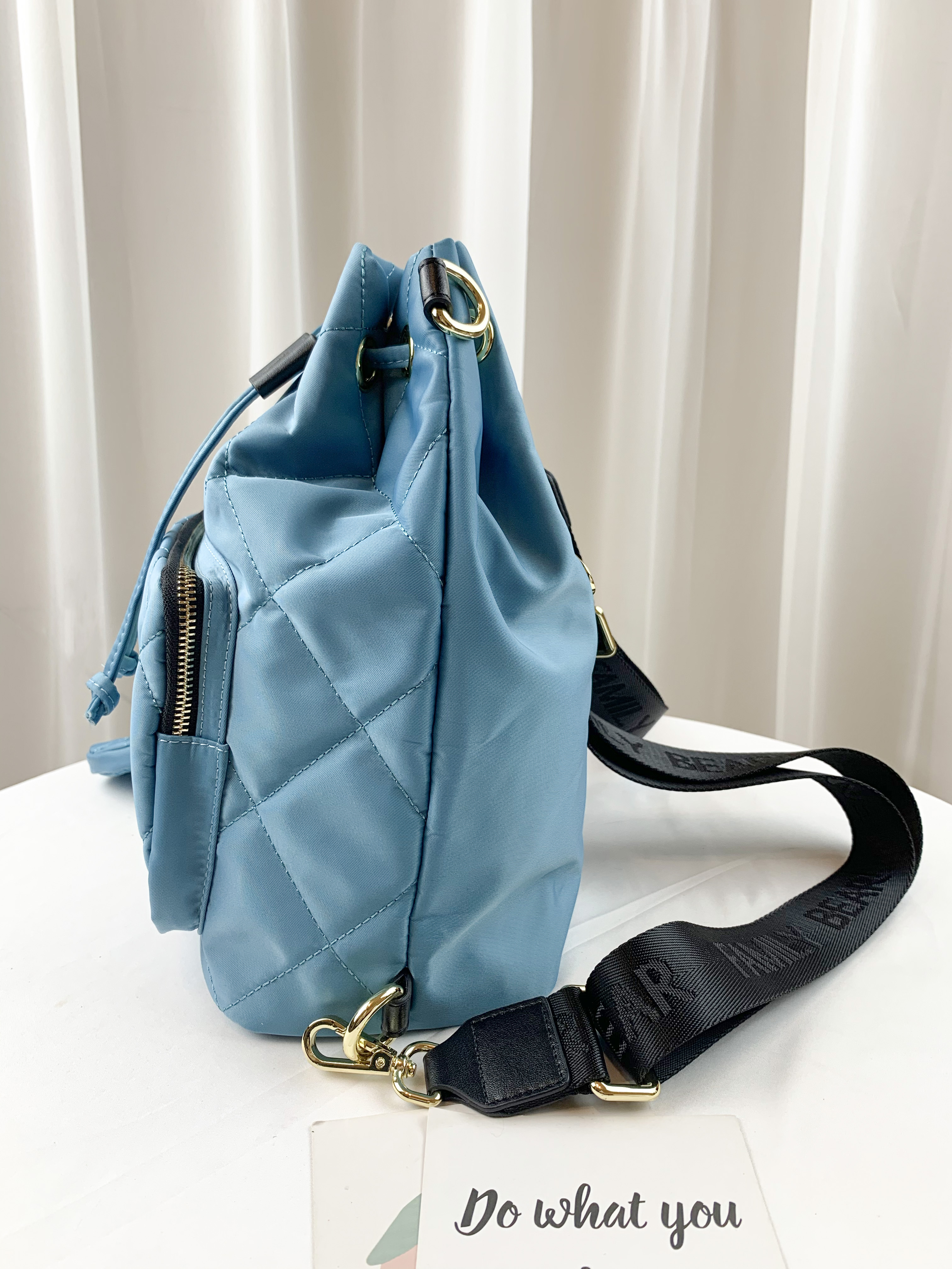 FamilyBear 湖水藍 菱格紋水桶包兩用側背包 / 後背包  附小零錢包 #2771