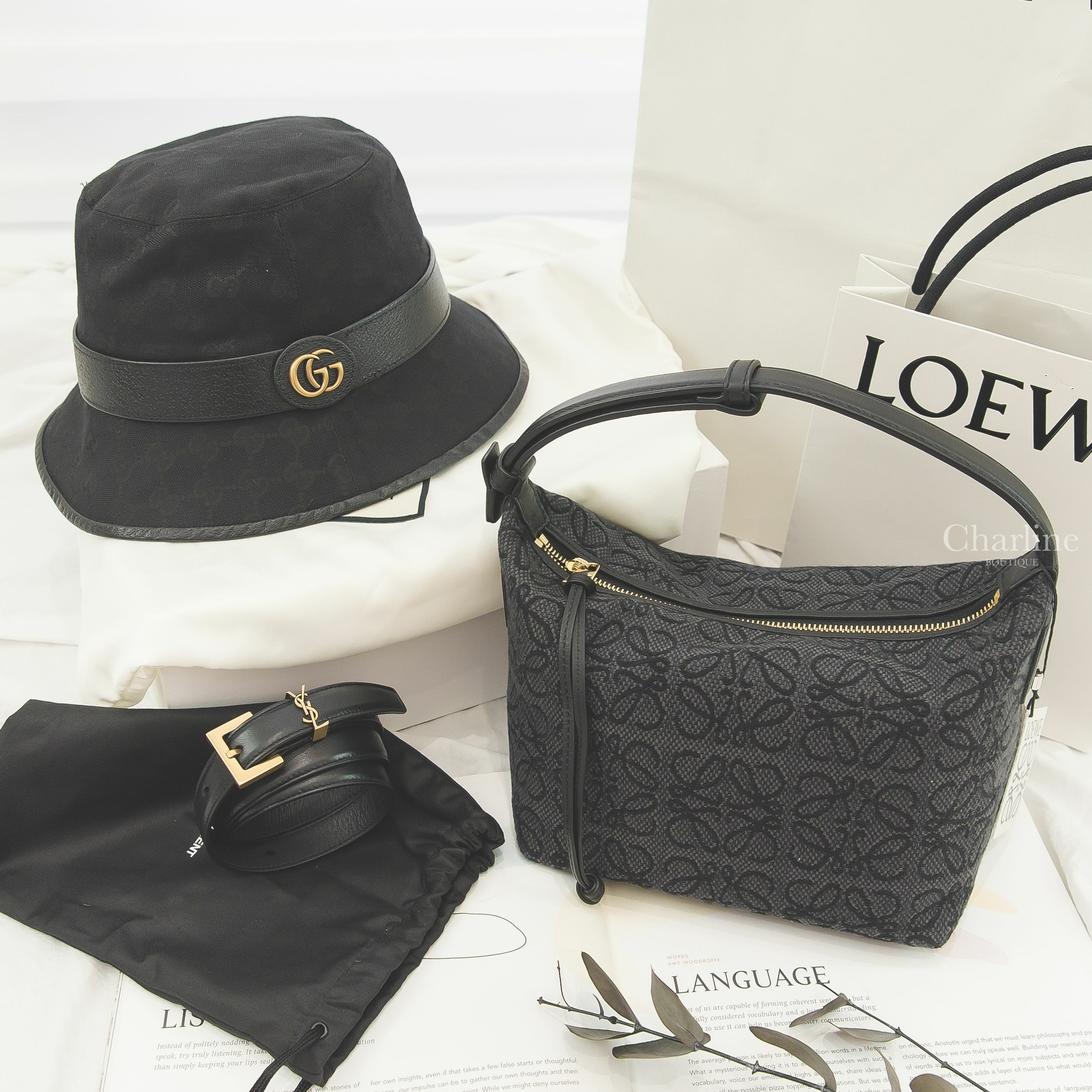 Gucci Bucket Hat 黑色滿版GG帆布小牛皮邊飾金GG漁夫帽,Loewe Cubi 曜石黑刺繡帆布提花小牛皮提把小型手提包,Saint Laurent Belt 黑色金釦小牛皮皮帶-Charline Boutique 精品代購