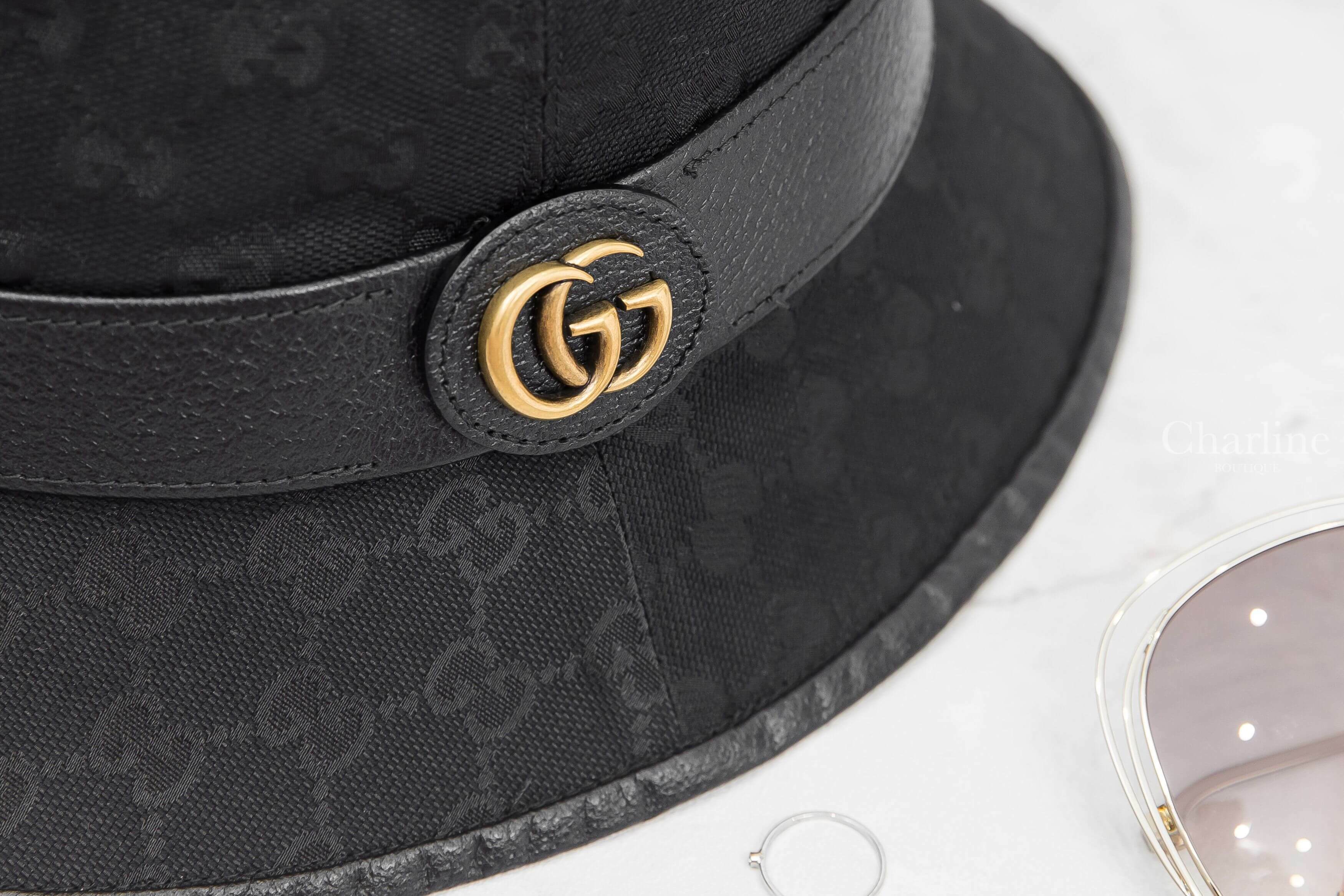 Gucci GG Canvas Bucket Hat With Double G 黑色滿版GG帆布小牛皮邊飾金GG漁夫帽