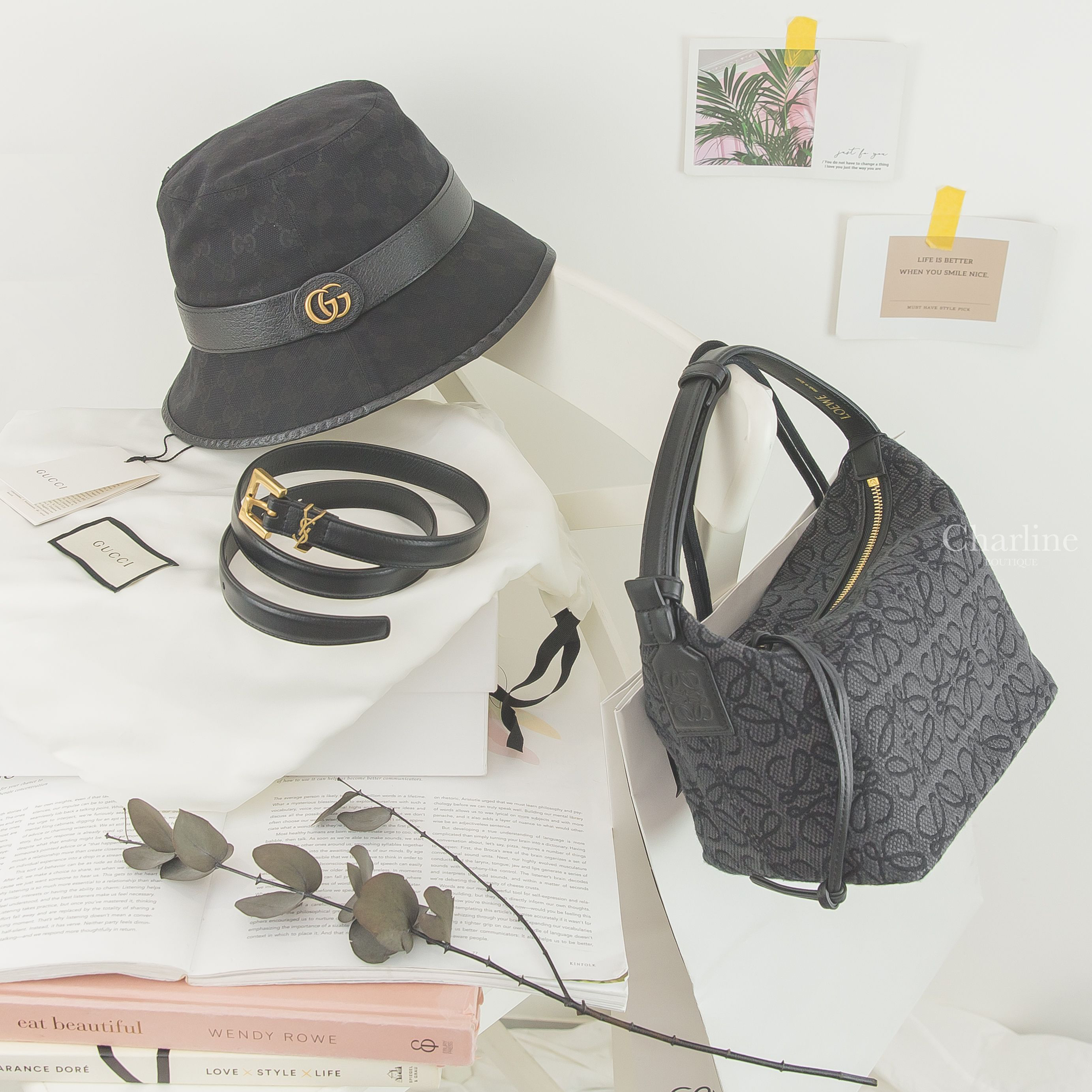 Gucci Bucket Hat 黑色滿版GG帆布小牛皮邊飾金GG漁夫帽,Loewe Cubi 曜石黑刺繡帆布提花小牛皮提把小型手提包,Saint Laurent Belt 黑色金釦小牛皮皮帶-Charline Boutique 精品代購