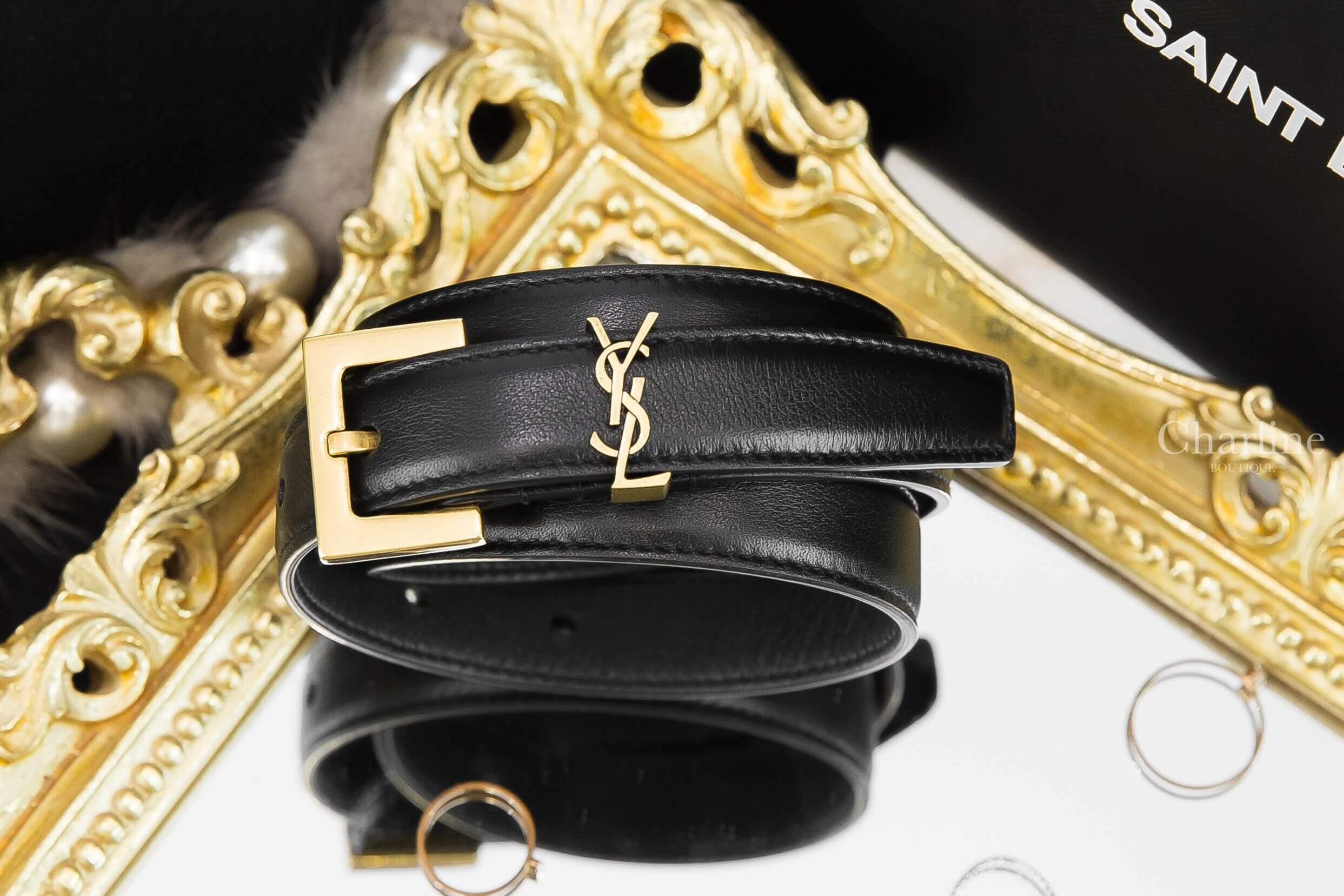Saint Laurent Monogram Narrow Belt With Square Buckle In Lacquered Leather 黑色金釦2cm小牛皮皮帶