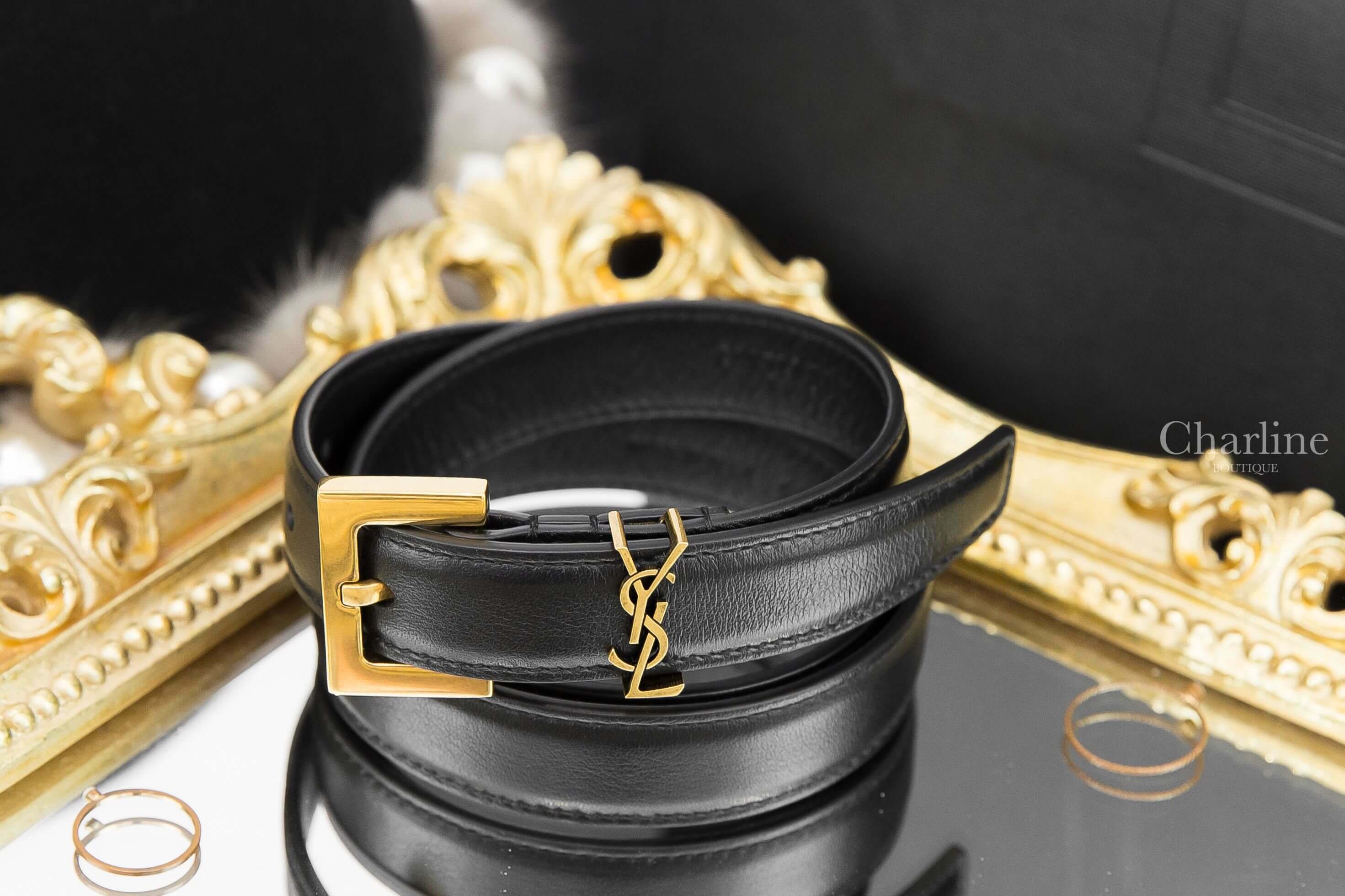 Saint Laurent Monogram Narrow Belt With Square Buckle In Lacquered Leather 黑色金釦小牛皮皮帶-Charline Boutique 精品代購