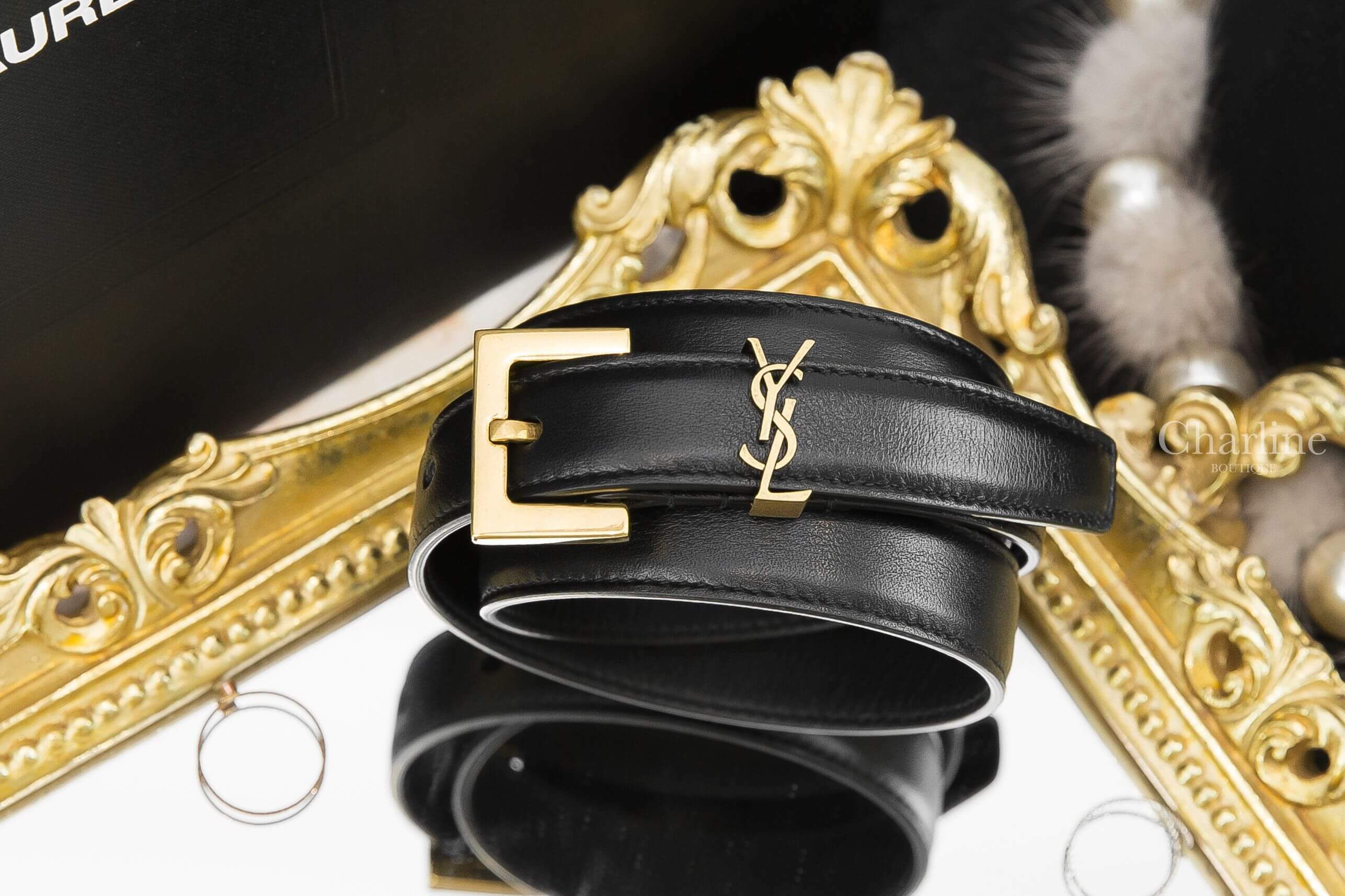 Saint Laurent Monogram Narrow Belt With Square Buckle In Lacquered Leather 黑色金釦小牛皮皮帶-Charline Boutique 精品代購
