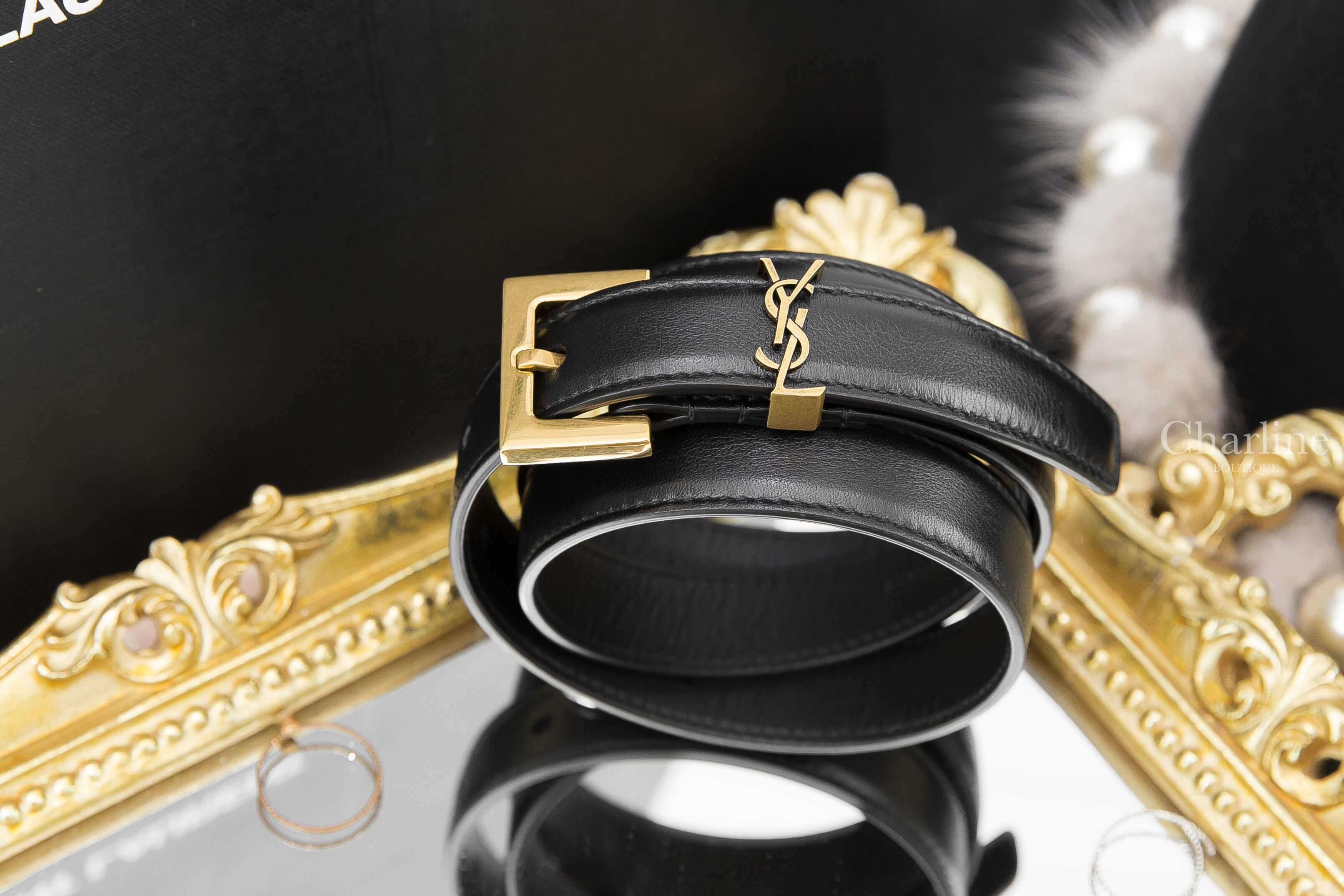 Saint Laurent Monogram Narrow Belt With Square Buckle In Lacquered Leather 黑色金釦小牛皮皮帶-Charline Boutique 精品代購
