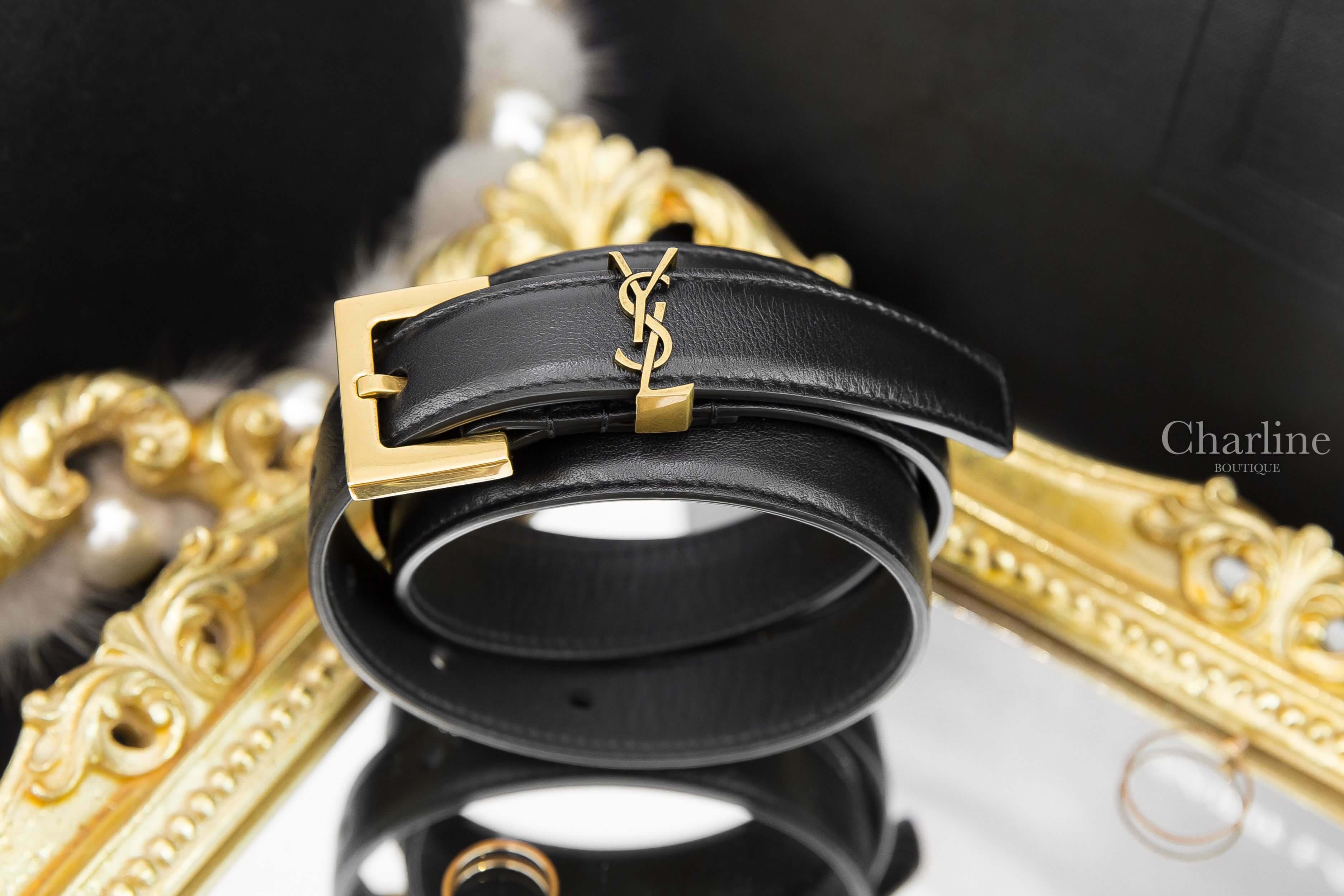 Saint Laurent Monogram Narrow Belt With Square Buckle In Lacquered Leather 黑色金釦小牛皮皮帶-Charline Boutique 精品代購