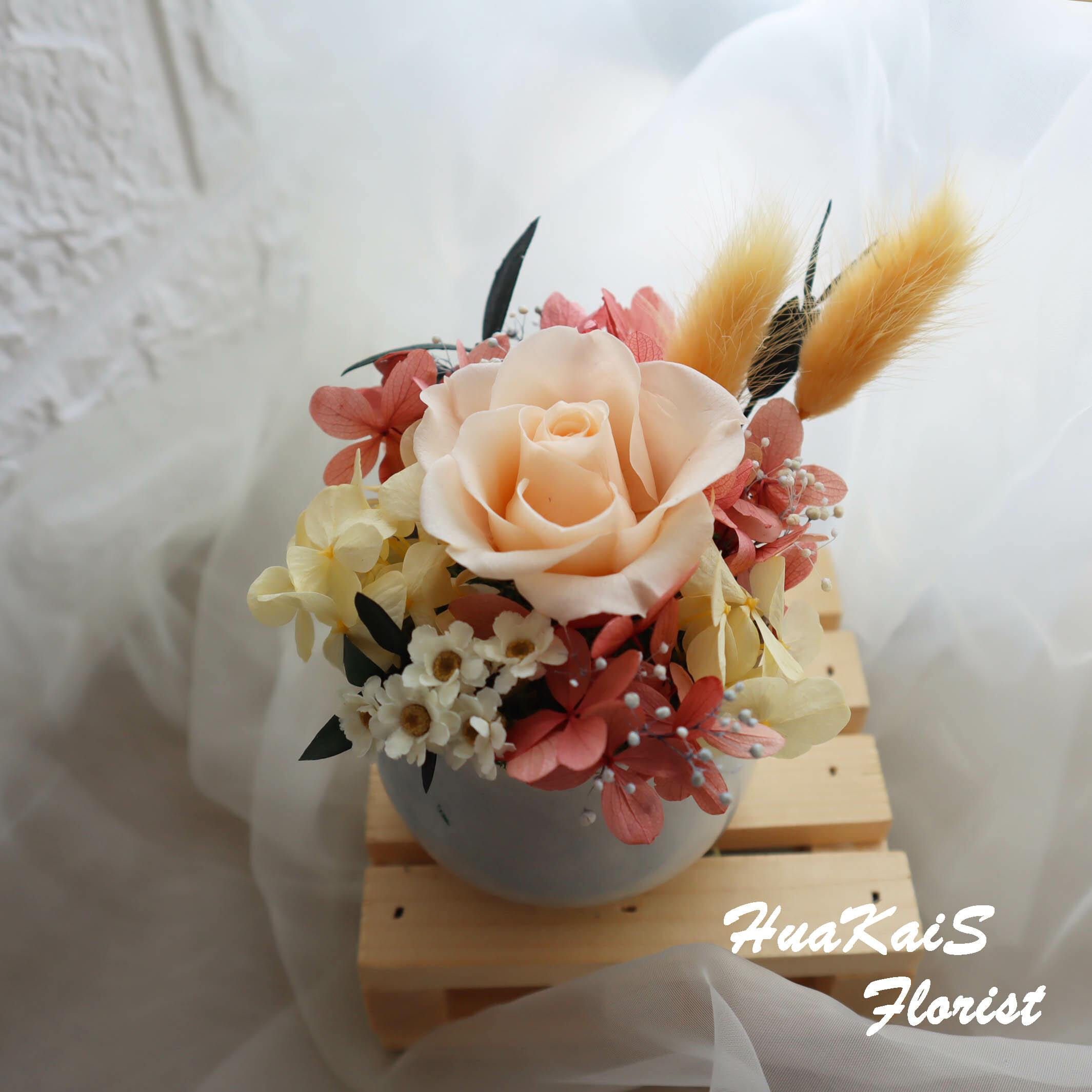 迷你小盆栽|奶油橘|永生玫瑰花|辦公室小桌花|永生花禮物