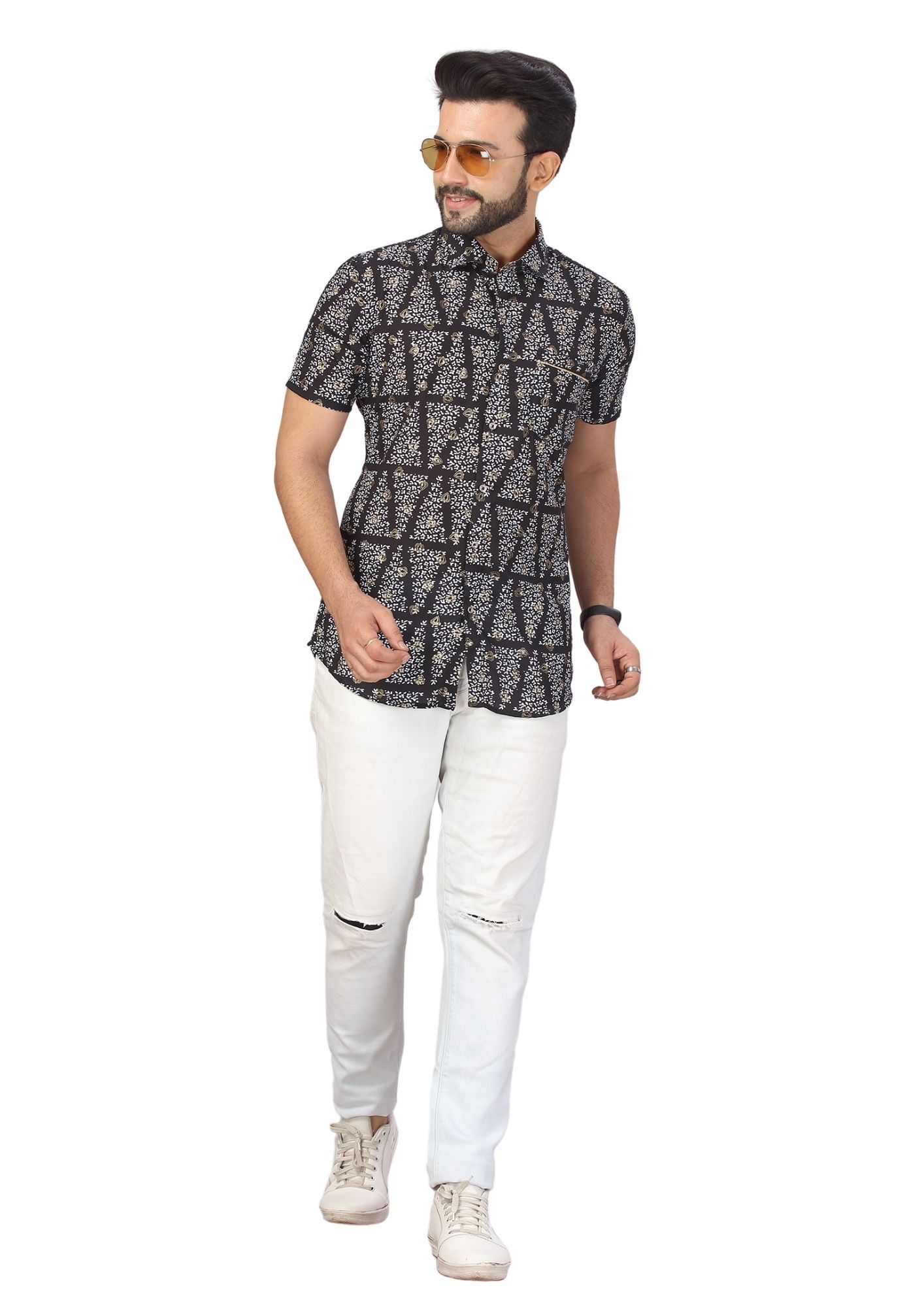 Men Black White Printed Poly Blackbery Kurta  Shirt Q1399