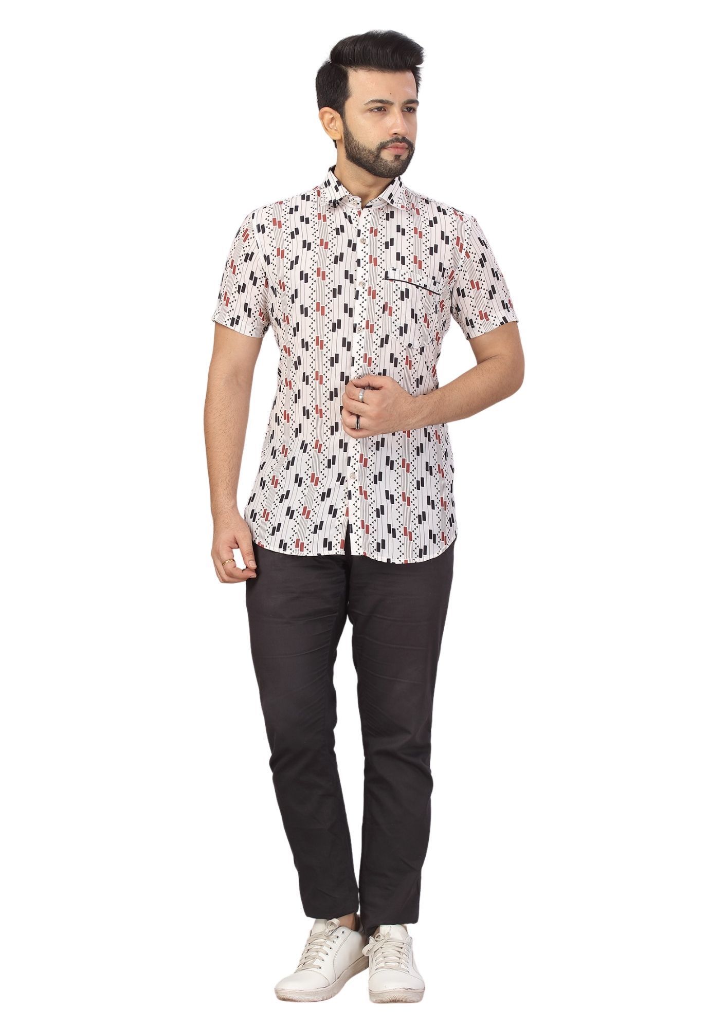 Men White Printed Poly Blackbery Kurta  Shirt Q1403