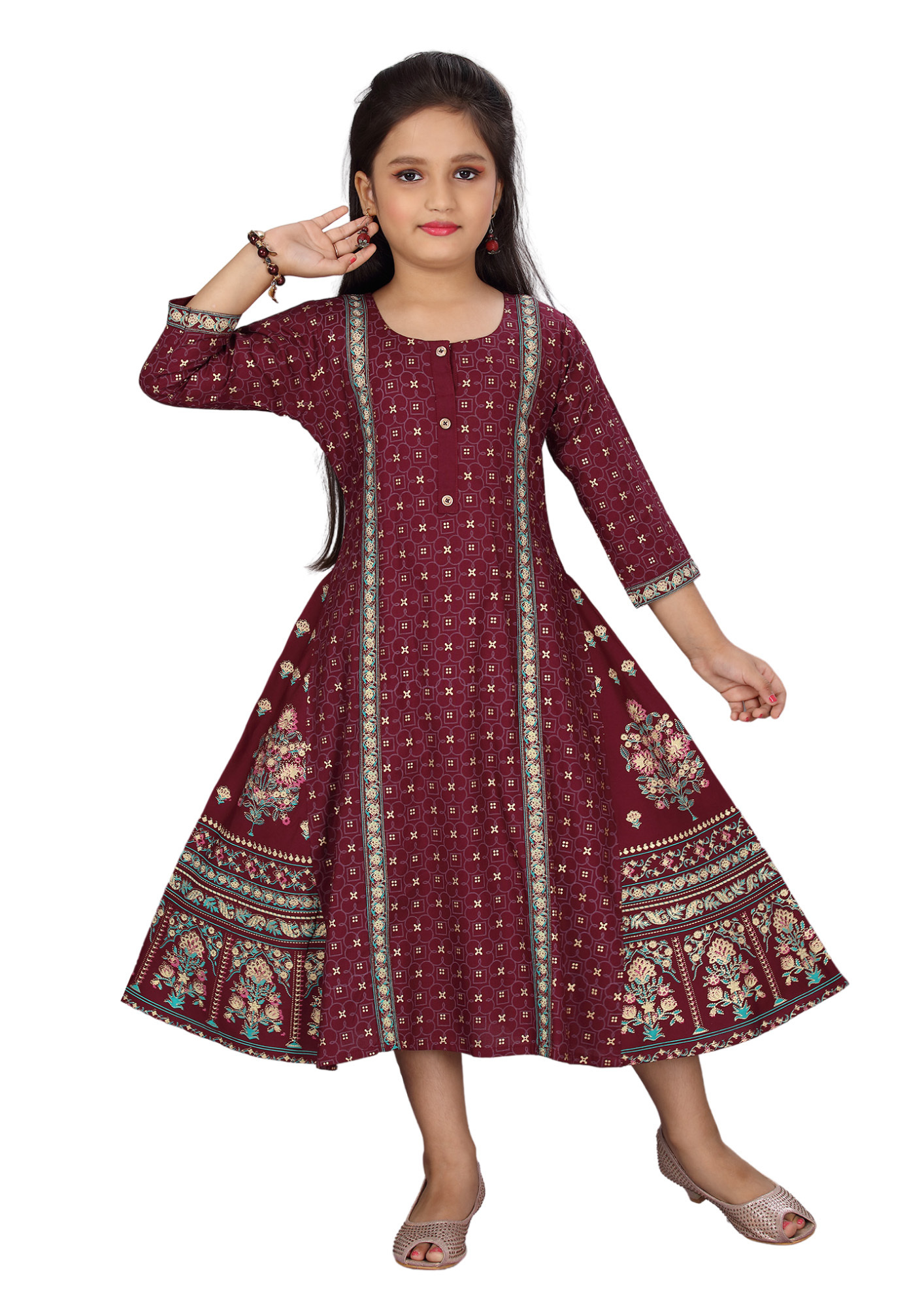 Girl Maroon Printed Malbury Rayon Flair Kurti Maxi Gown Q1423