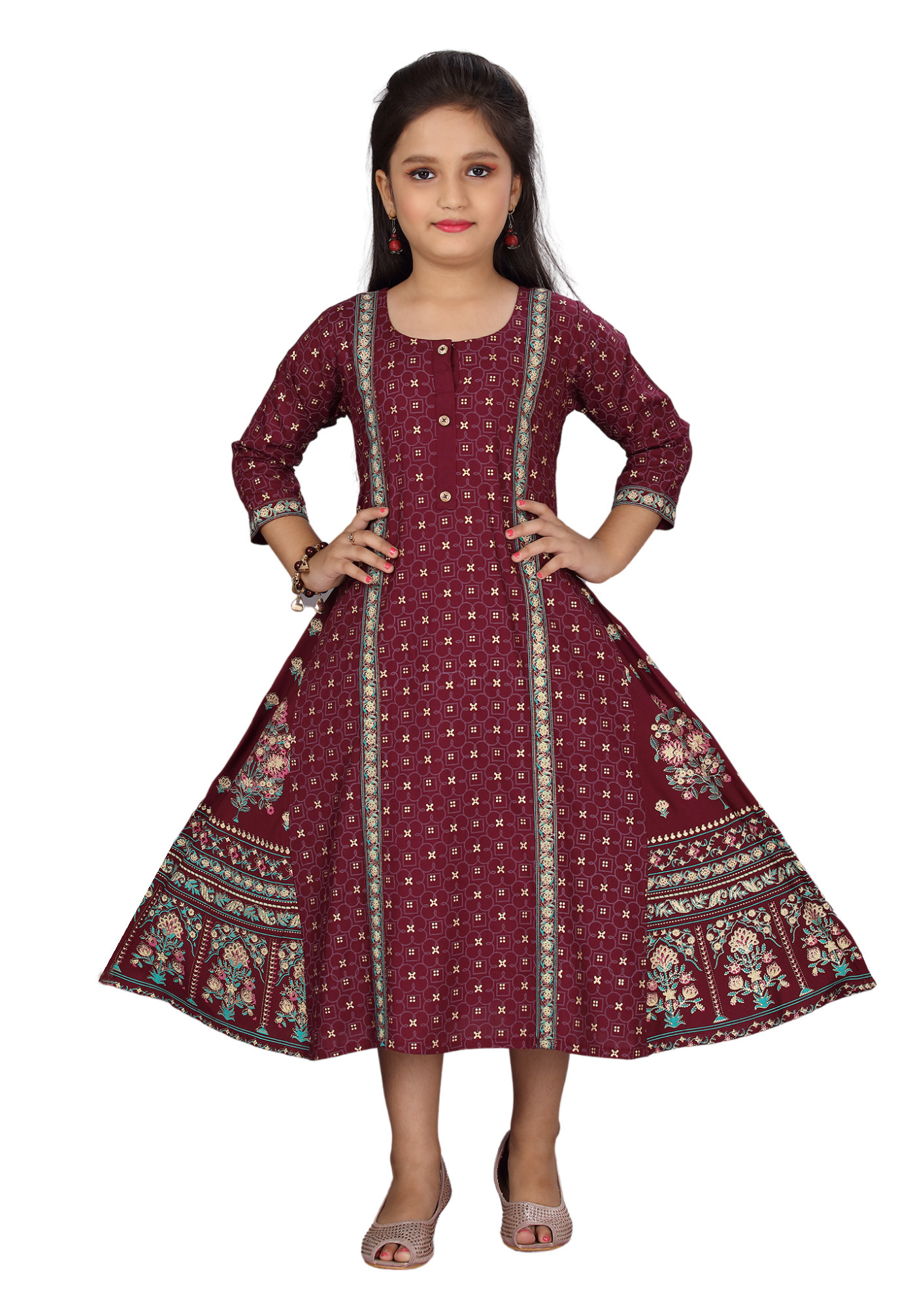 Girl Maroon Printed Malbury Rayon Flair Kurti Maxi Gown Q1423