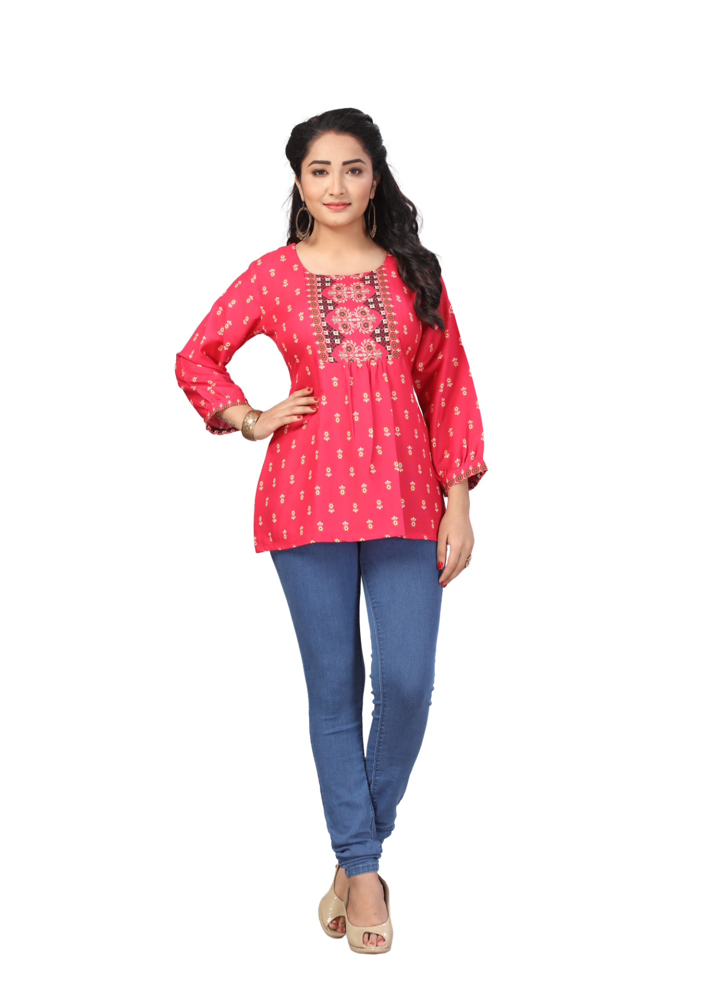 Women Pink Printed Poly Rayon Pleated Short Kurti Top Q1456