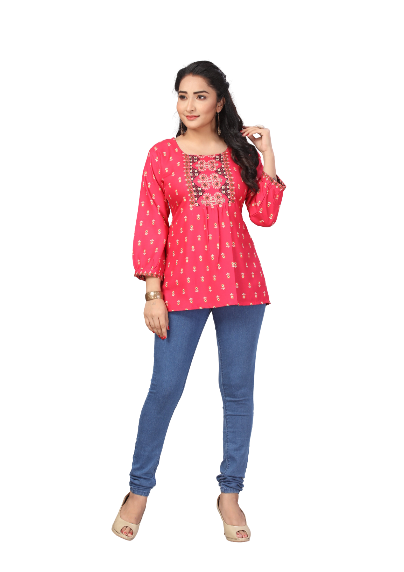 Women Pink Printed Poly Rayon Pleated Short Kurti Top Q1456