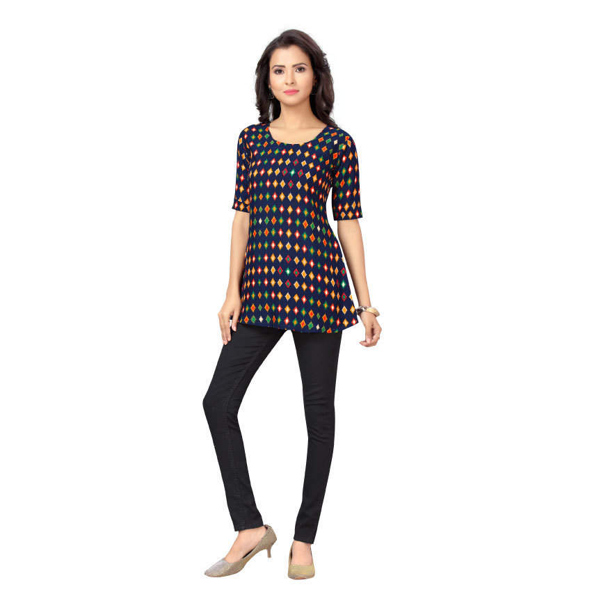 Women Blue Soft Cool Diamond Printed Easy Care Short Kurti Top Q1462