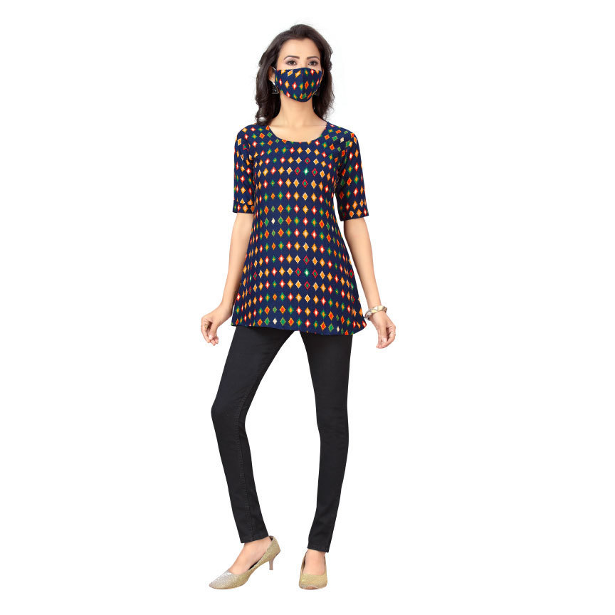 Women Blue Soft Cool Diamond Printed Easy Care Short Kurti Top Q1462