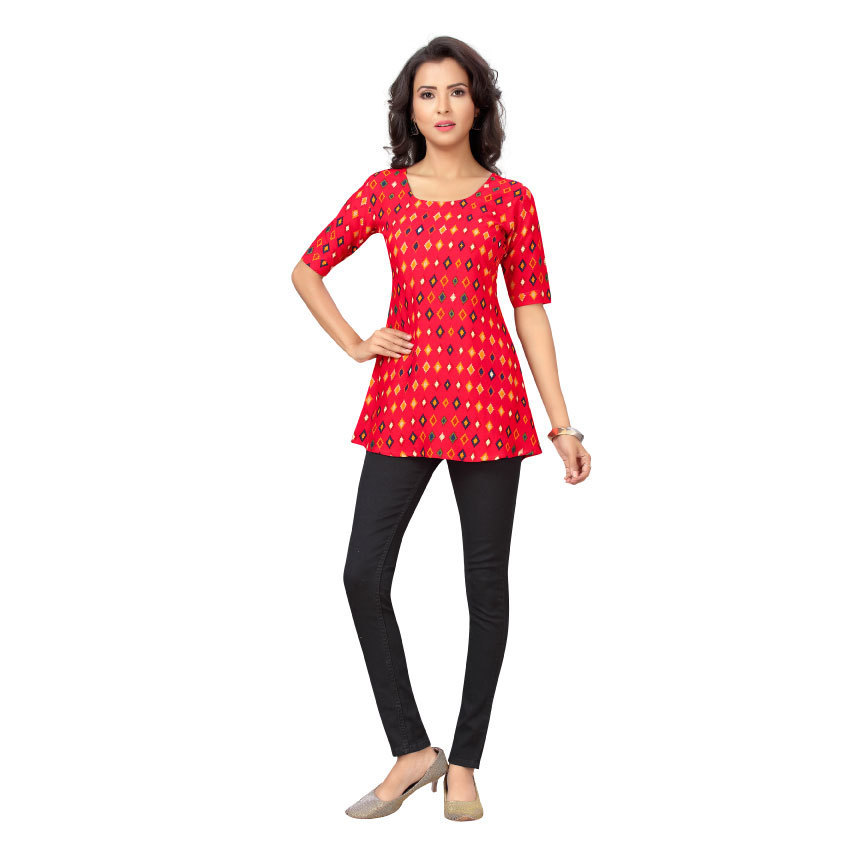 Women Red Soft Cool Diamond Printed Easy Care Short Kurti Top Q1467