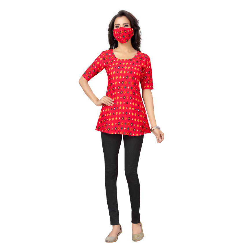 Women Red Soft Cool Diamond Printed Easy Care Short Kurti Top Q1467