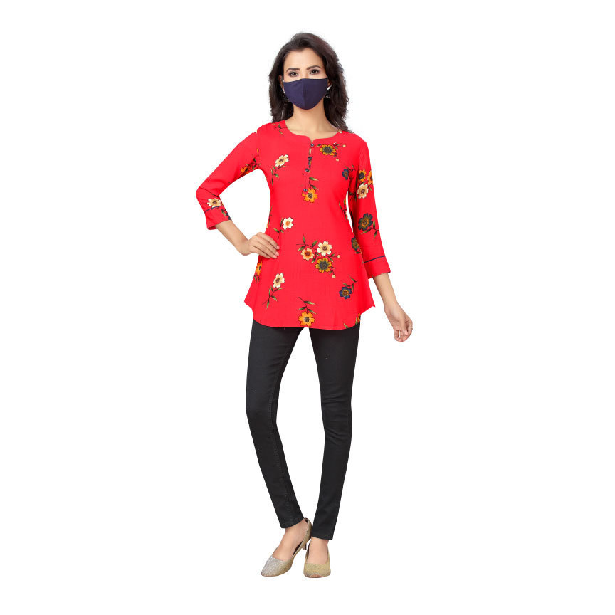 Women Red Soft Cool Floral Easy Care Short Kurti Top Q1476
