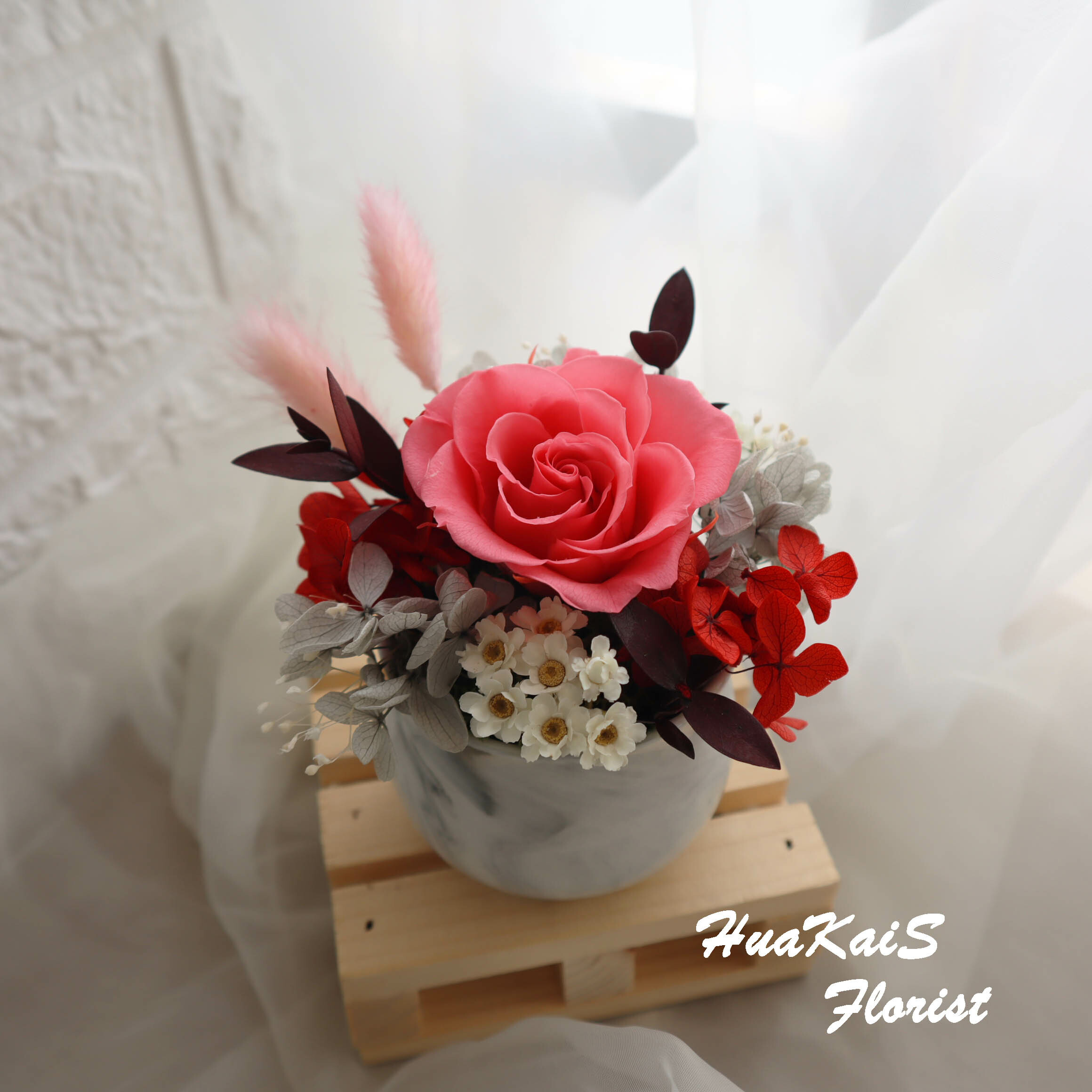 迷你小盆栽|蜜桃粉|永生玫瑰花|辦公室小桌花|永生花禮物