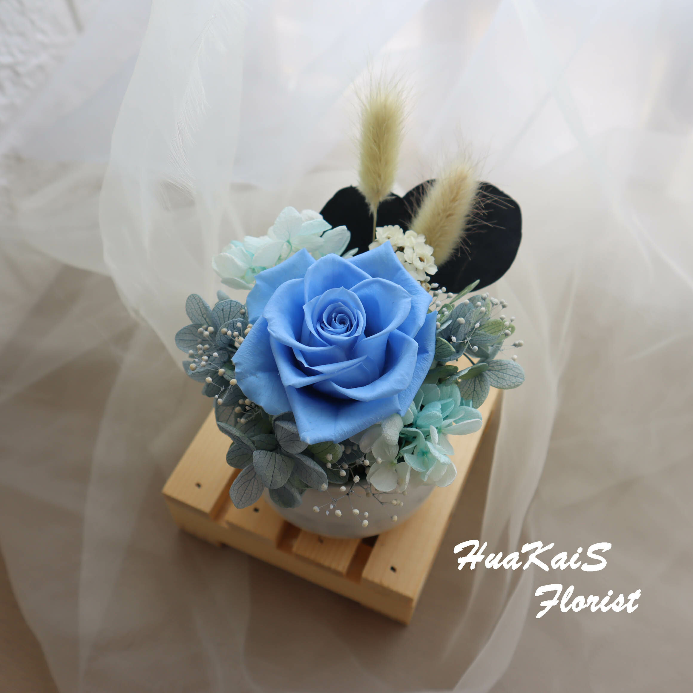 迷你小盆栽|海水藍|永生玫瑰花|辦公室小桌花|永生花禮物