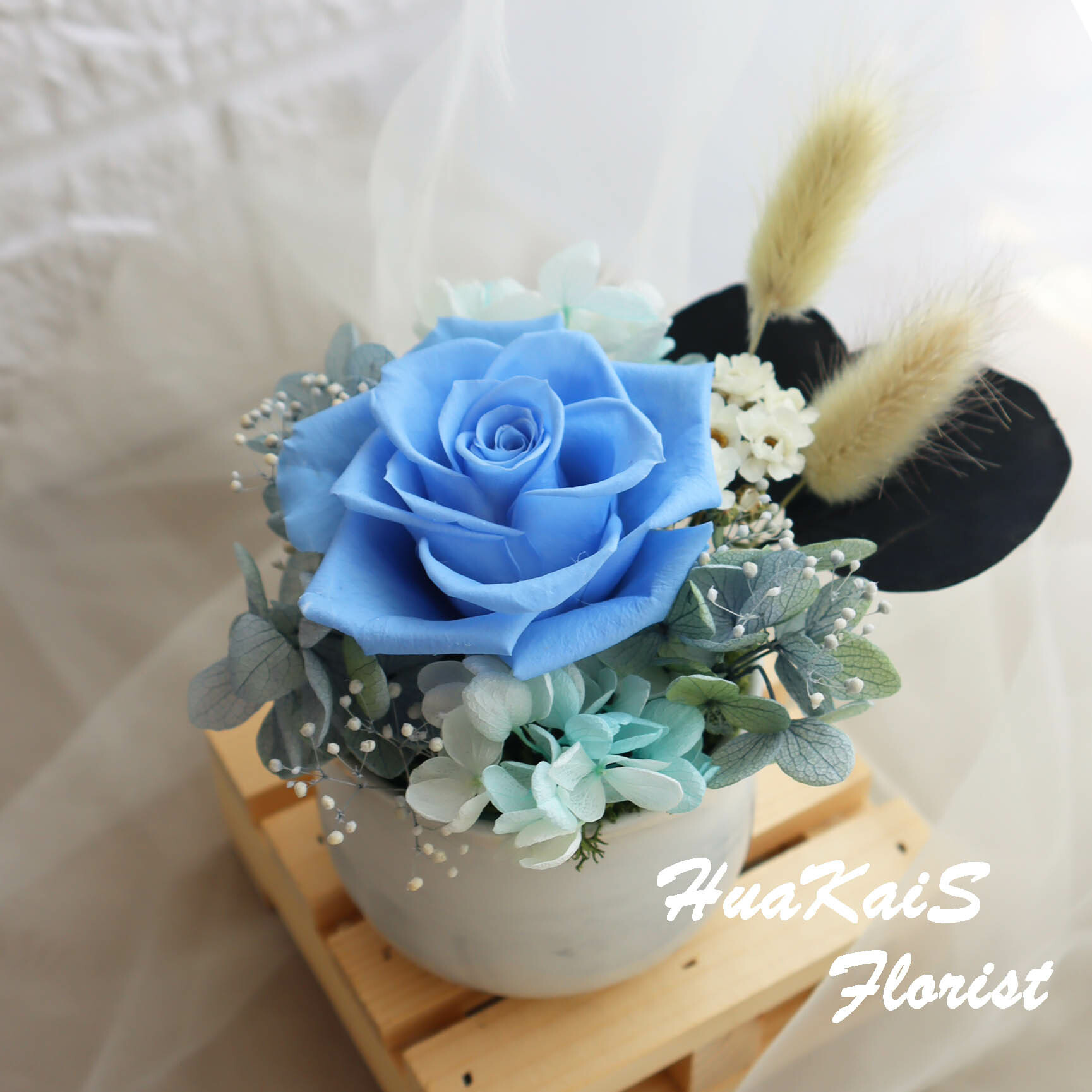 迷你小盆栽|海水藍|永生玫瑰花|辦公室小桌花|永生花禮物