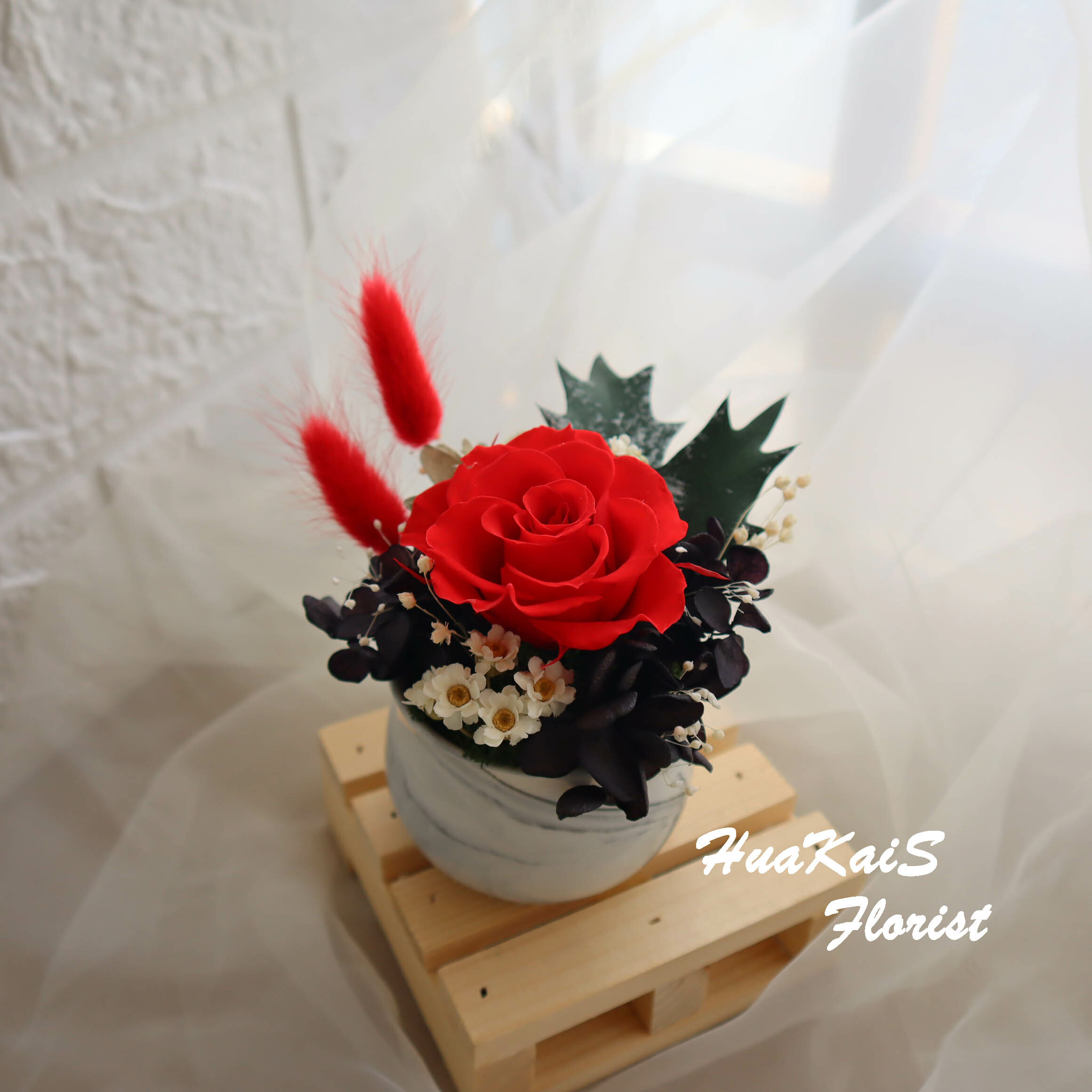 迷你小盆栽|鮮亮紅|永生玫瑰花|辦公室小桌花|永生花禮物