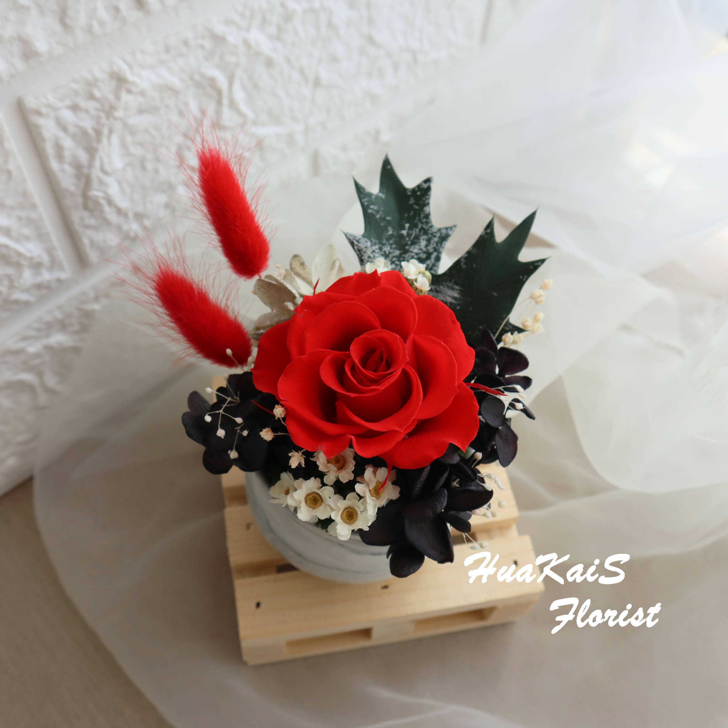 迷你小盆栽|鮮亮紅|永生玫瑰花|辦公室小桌花|永生花禮物