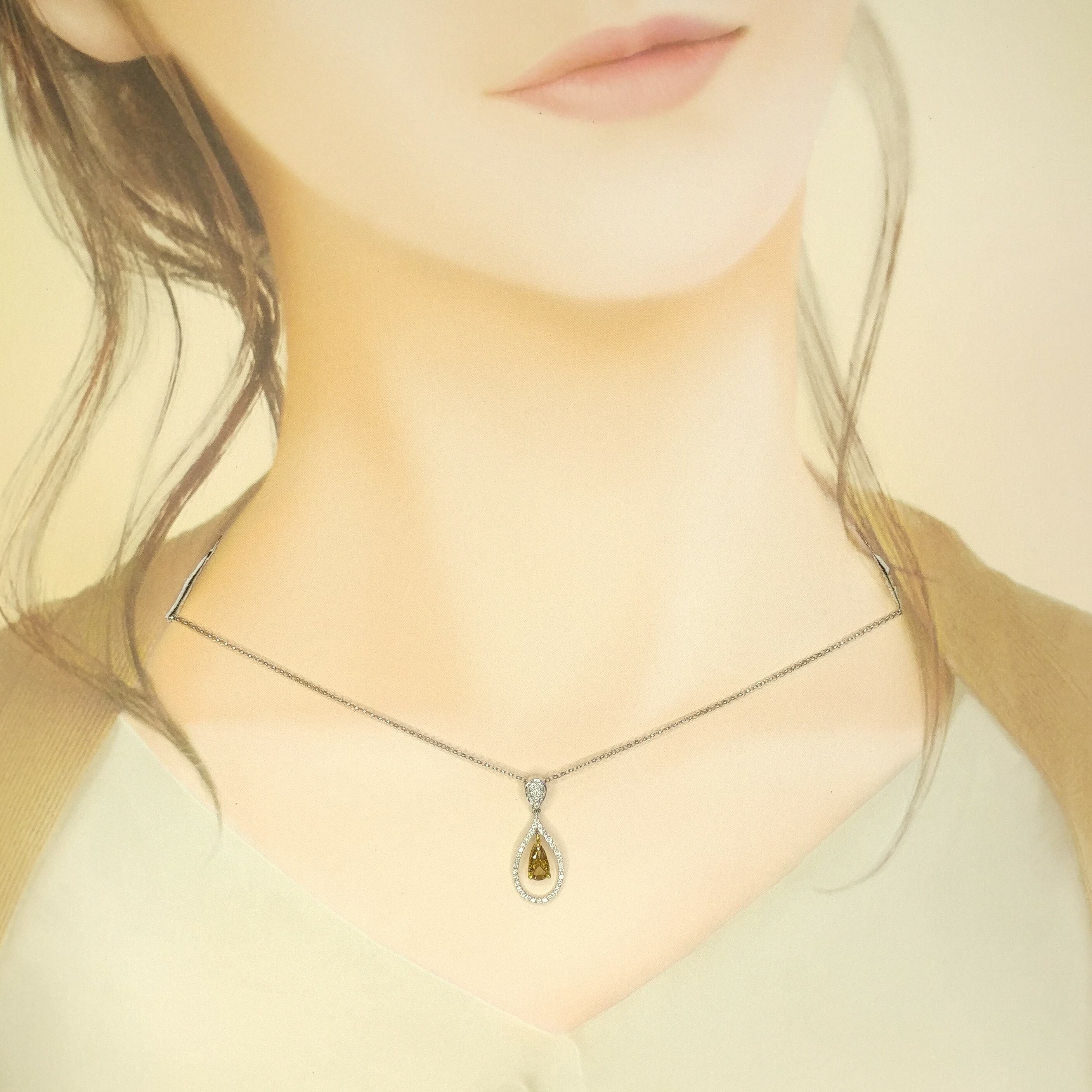 全新18K金【單粒49份黃綠鑽石】配小鑽共68份鑽石吊墜