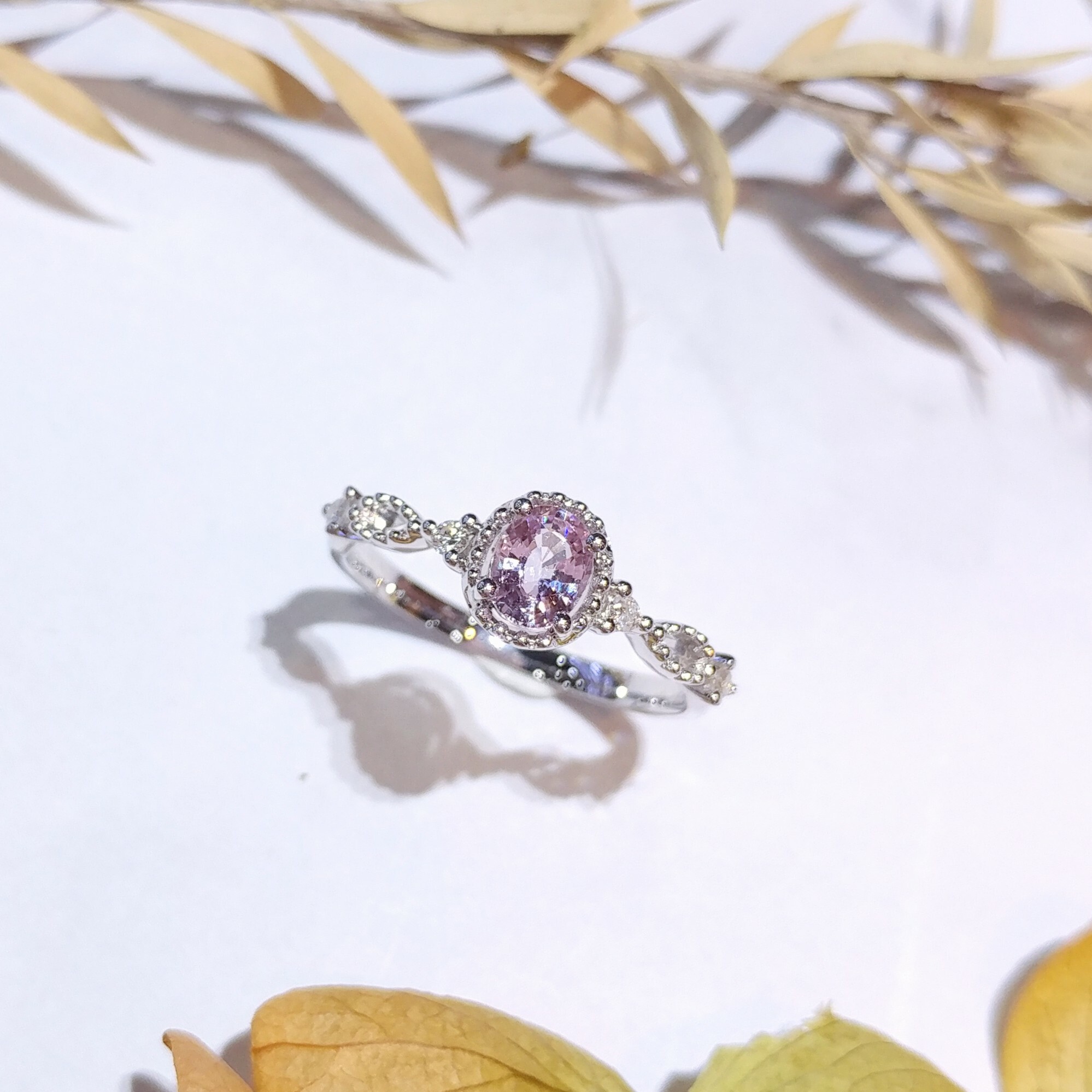 全新18K白金【單粒37份粉紅藍寶】配7份鑽石戒指