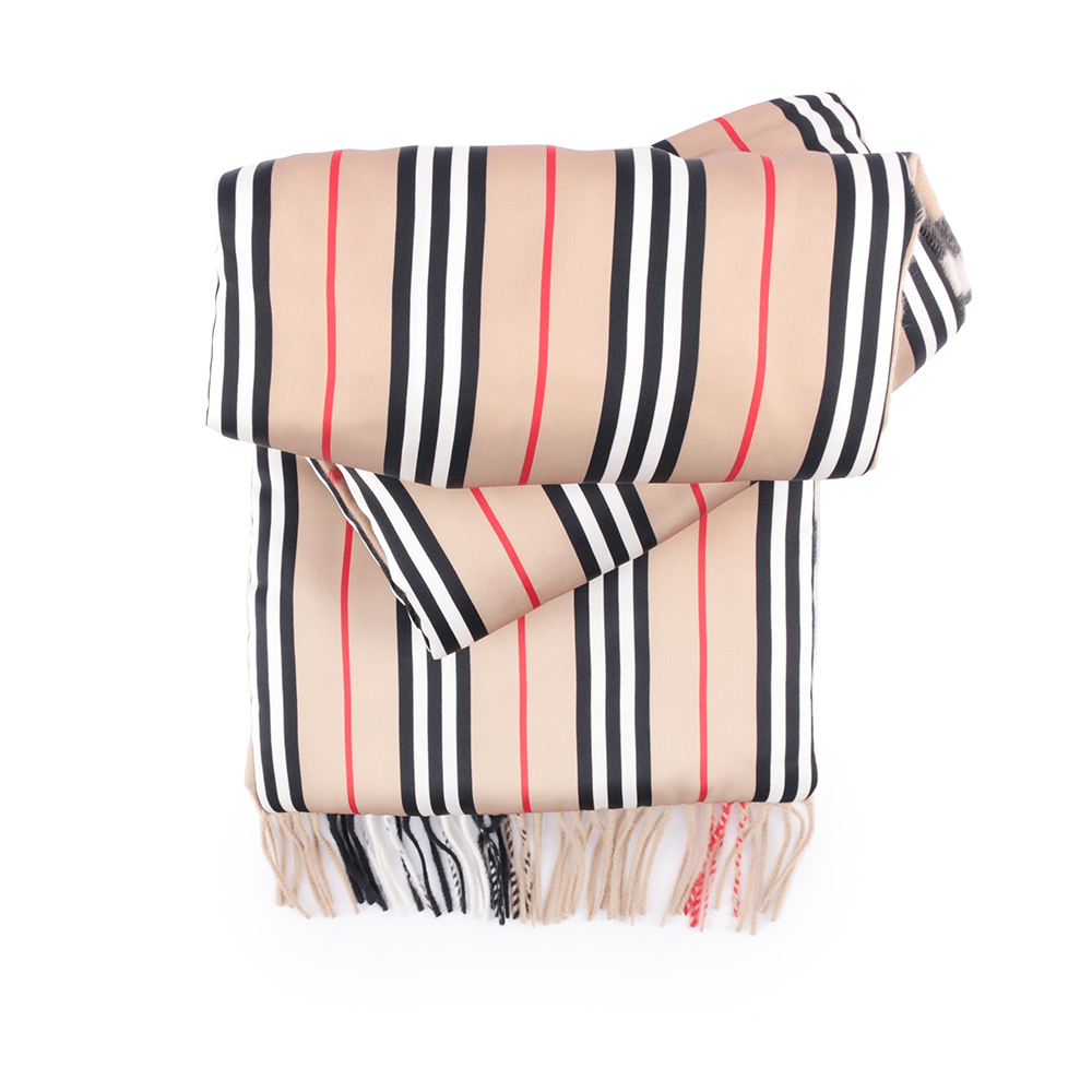 【BURBERRY】經典格紋與標誌條紋雙面可用羊毛圍巾