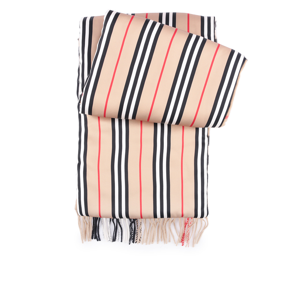 【BURBERRY】經典格紋與標誌條紋雙面可用羊毛圍巾