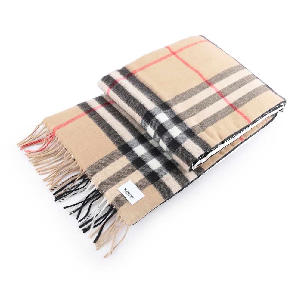 【BURBERRY】經典格紋與標誌條紋雙面可用羊毛圍巾