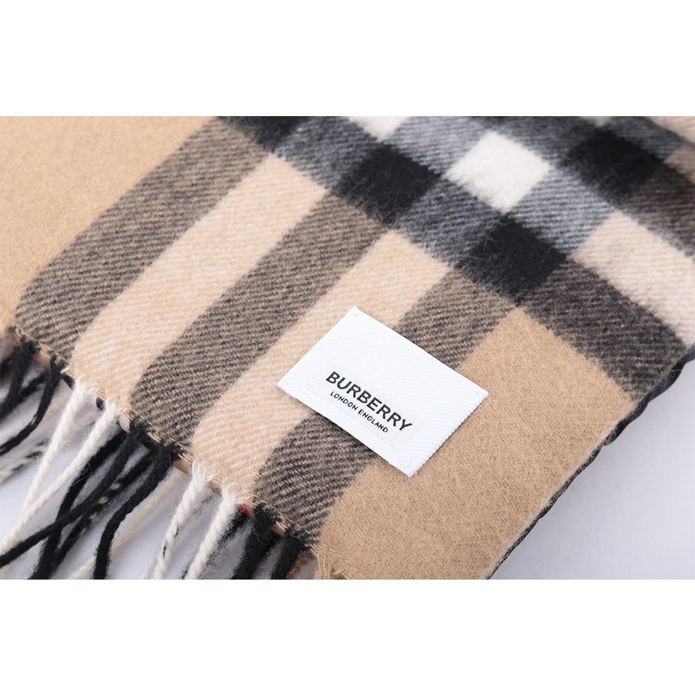 【BURBERRY】經典格紋與標誌條紋雙面可用羊毛圍巾