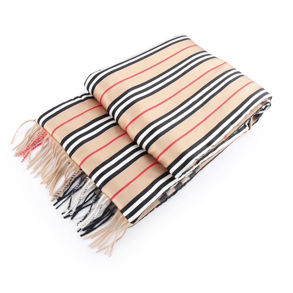 【BURBERRY】經典格紋與標誌條紋雙面可用羊毛圍巾