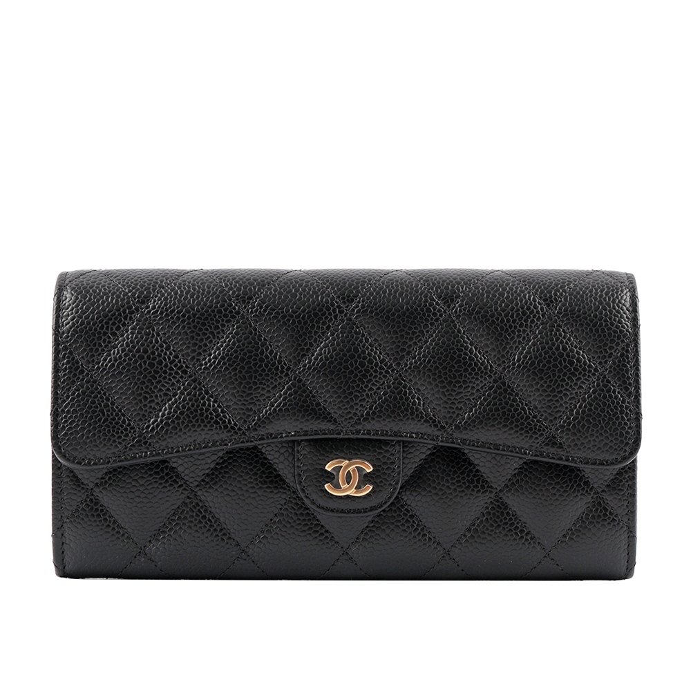 【CHANEL 】金色CC Logo荔枝皮二折壓釦長夾