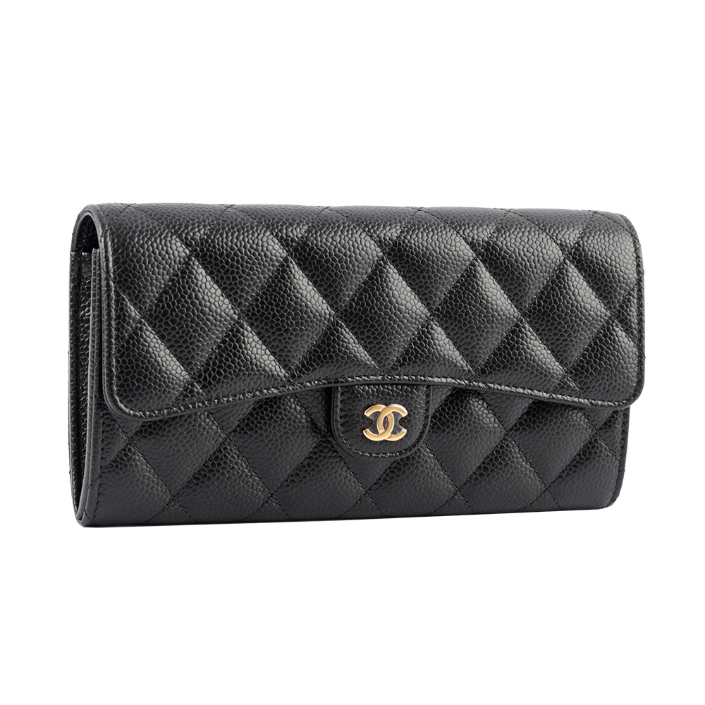 【CHANEL 】金色CC Logo荔枝皮二折壓釦長夾