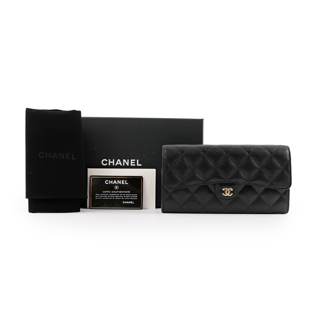 【CHANEL 】金色CC Logo荔枝皮二折壓釦長夾(黑色) AP0241 Y01864 C3906