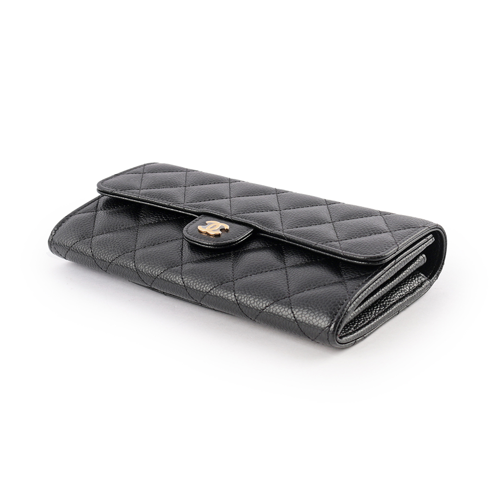 【CHANEL 】金色CC Logo荔枝皮二折壓釦長夾(黑色) AP0241 Y01864 C3906