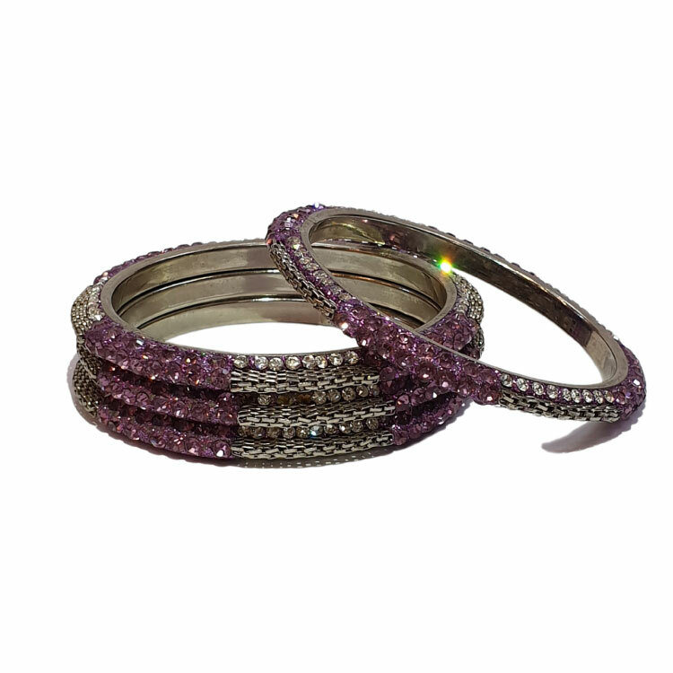Fancy Silver Studded Stones Bangles 4 Piece Set MB125