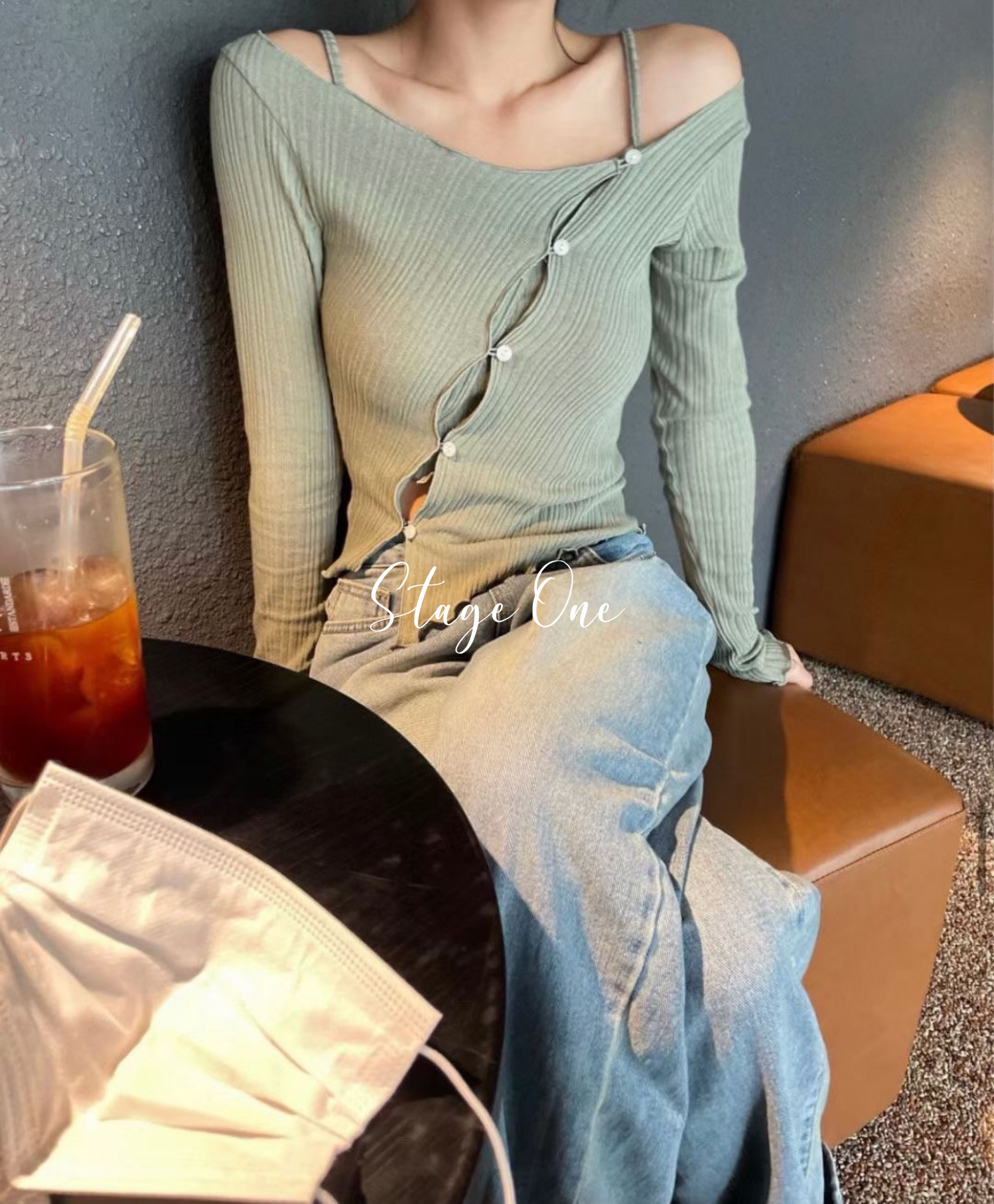 韓國製🇰🇷TP2173 型格斜鈕扣長袖上衣連背心 (3色)