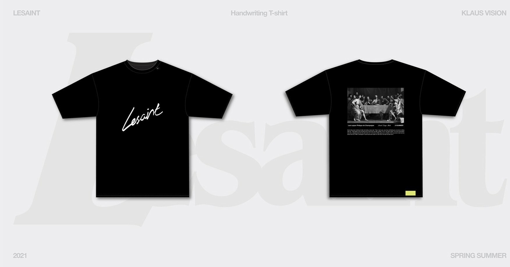 韓國品牌 LESAINT 新款 最後的晚餐 宗教油畫 草寫字體Logo 負片黑灰 短袖 T
