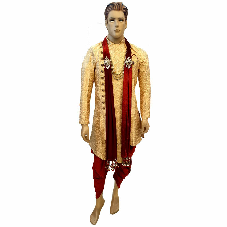 Men Beige  Traditional Asymmetric Jacquard Silk Kurta Set DMJ138